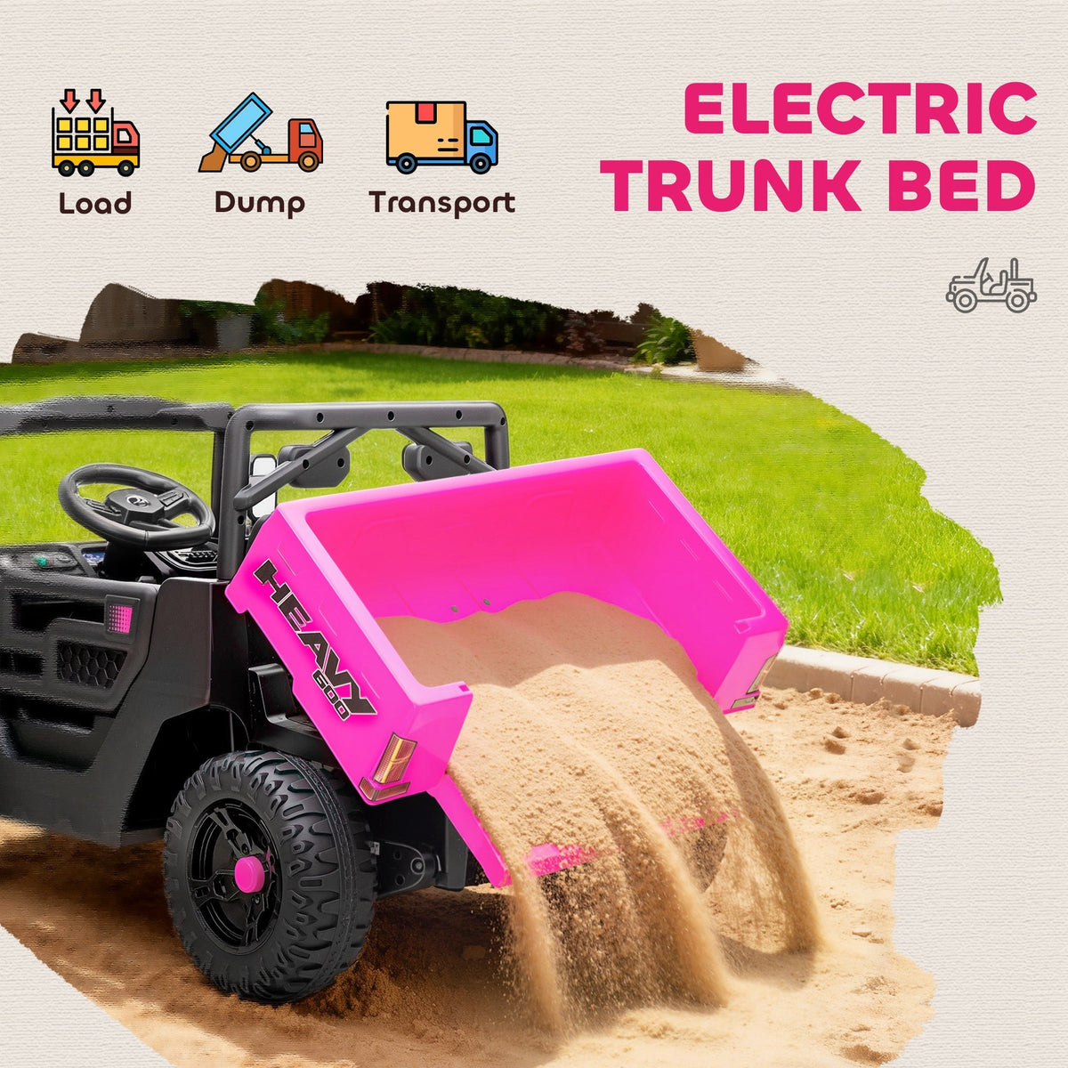 AIYAPLAY Kids Ride on Car, 12V Electric Kids UTV with Electric Dump Bed, 4-Wheel Suspension for 3-8 Years, Pink - SGP Garden Ltd