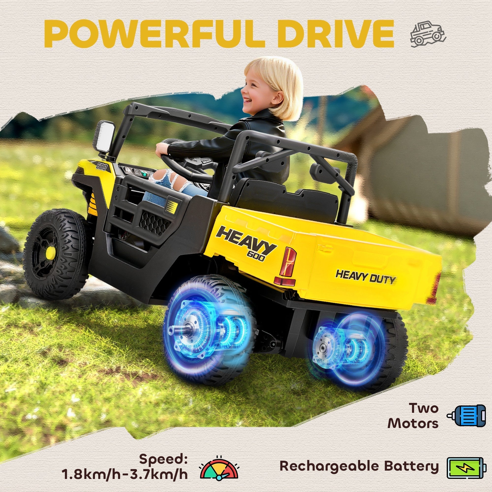 AIYAPLAY Kids Ride on Car, 12V Electric Kids UTV with Electric Dump Bed, 4-Wheel Suspension for 3-8 Years, Yellow - SGP Garden Ltd