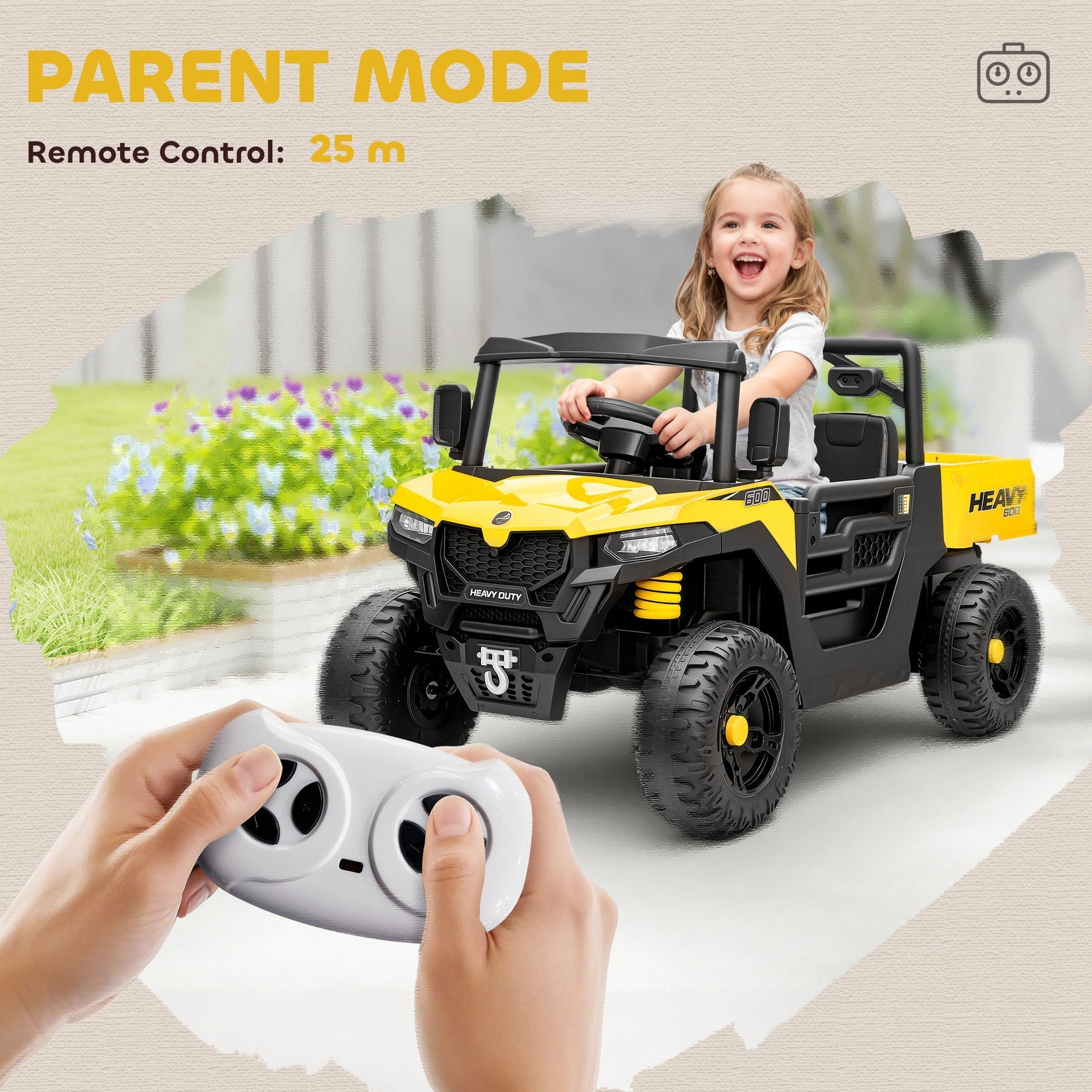 AIYAPLAY Kids Ride on Car, 12V Electric Kids UTV with Electric Dump Bed, 4-Wheel Suspension for 3-8 Years, Yellow - SGP Garden Ltd