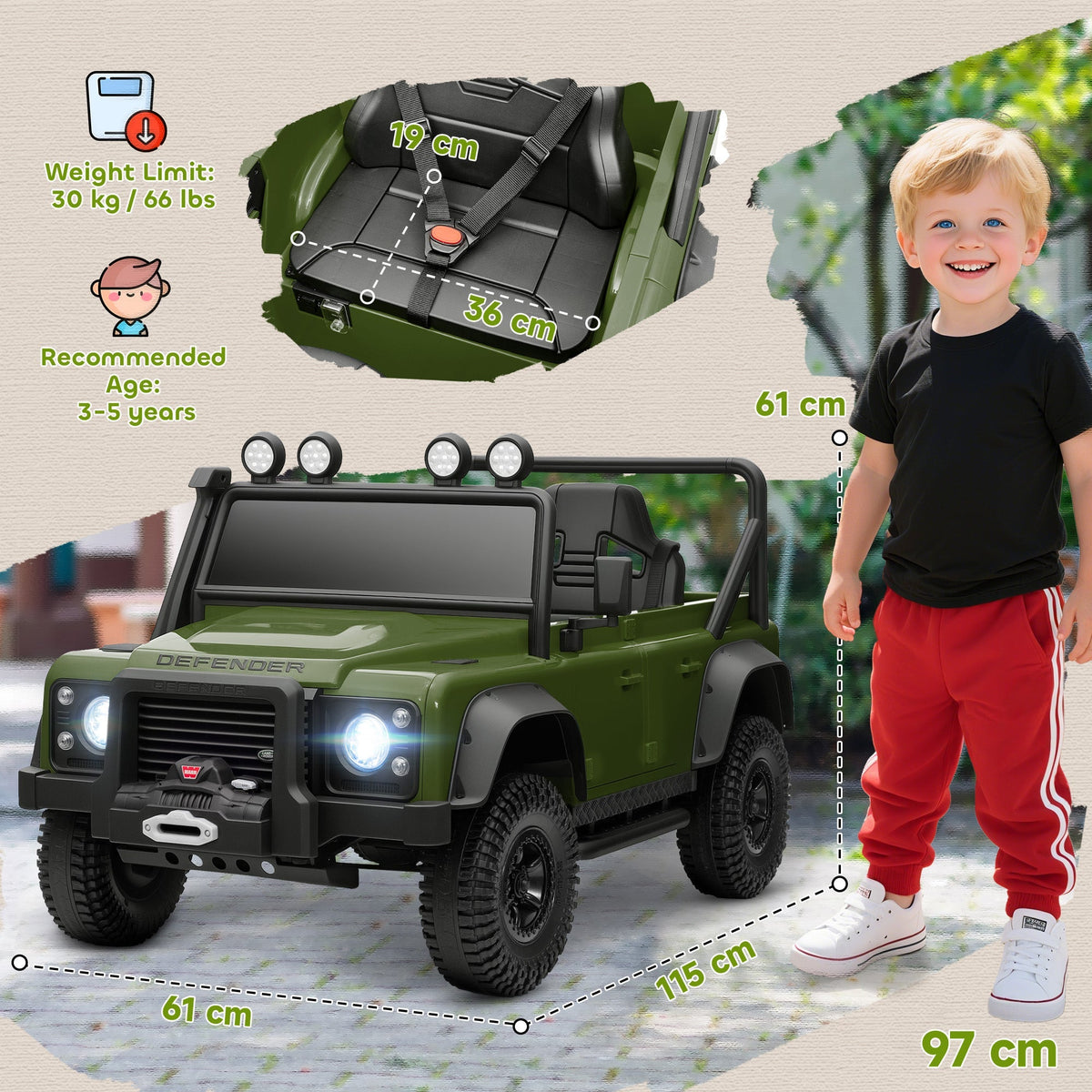 AIYAPLAY Kids Ride On Car with Remote Control, Music, Horn, 4 Spring Suspension Wheels, LED Lights for 3-5 Years Old, Green - SGP Garden Ltd