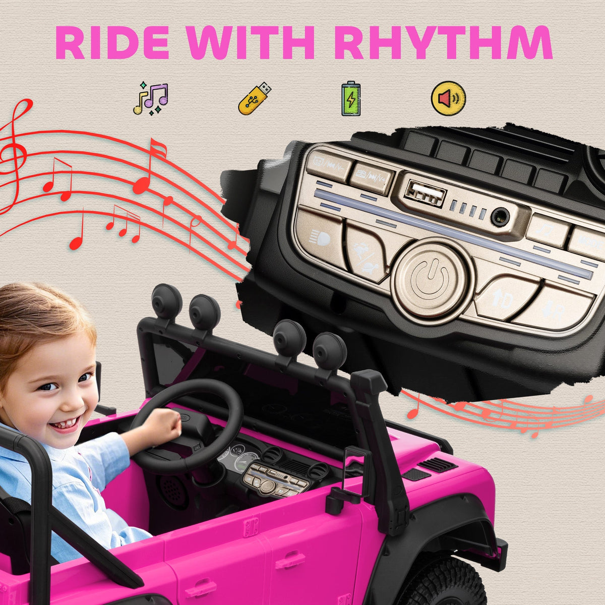 AIYAPLAY Kids Ride On Car with Remote Control, Music, Horn, 4 Spring Suspension Wheels, LED Lights for 3-5 Years Old, Pink - SGP Garden Ltd
