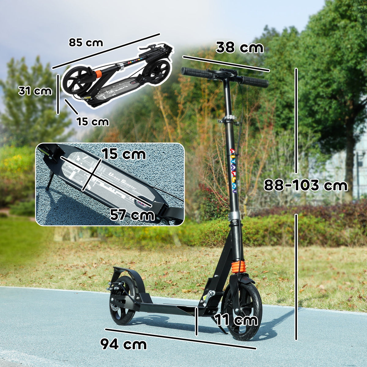 AIYAPLAY Kids Scooter with 4 Levels Adjustable Handlebar, Dual Brake System, 200mm Wheels, ABEC-7 Bearings, Black - SGP Garden Ltd