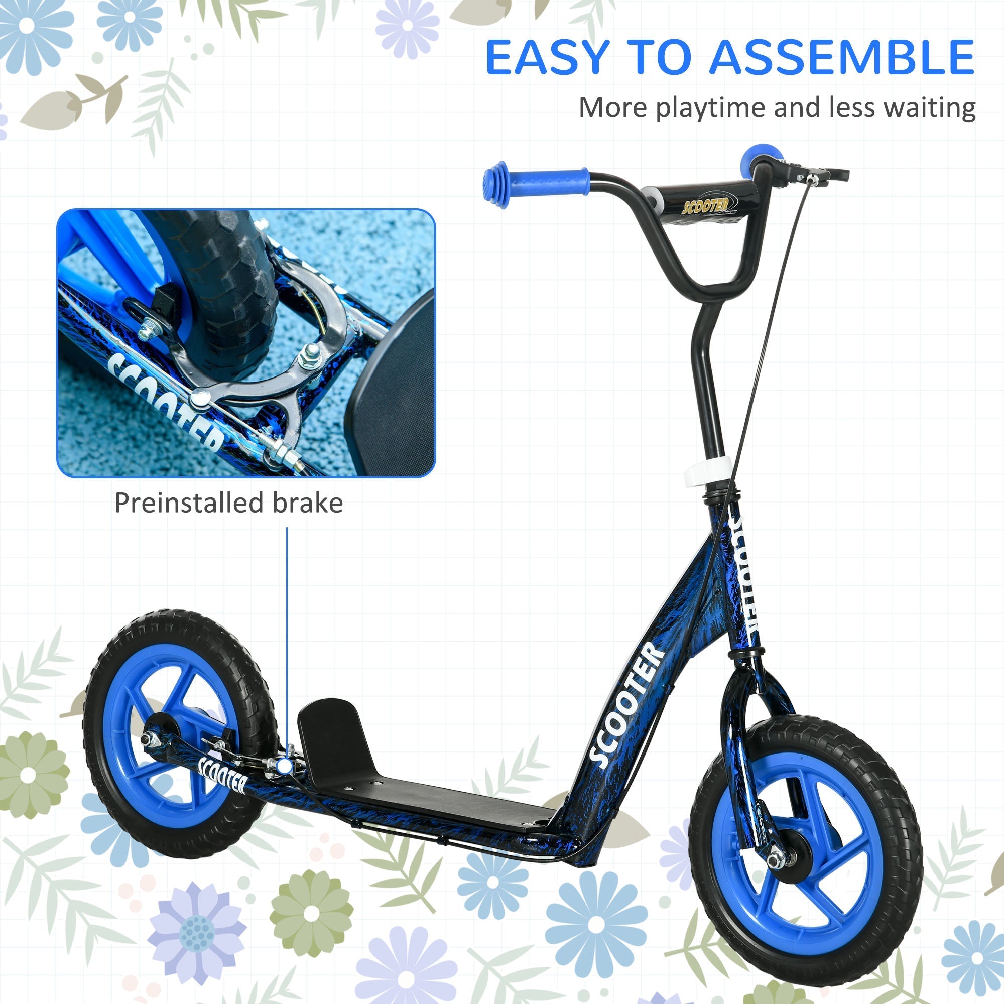 AIYAPLAY Kids Scooter with Adjustable Handlebar, Children's Kick Scooter with Non-slip Footplate, Rear Brake, Kickstand, Blue - SGP Garden Ltd