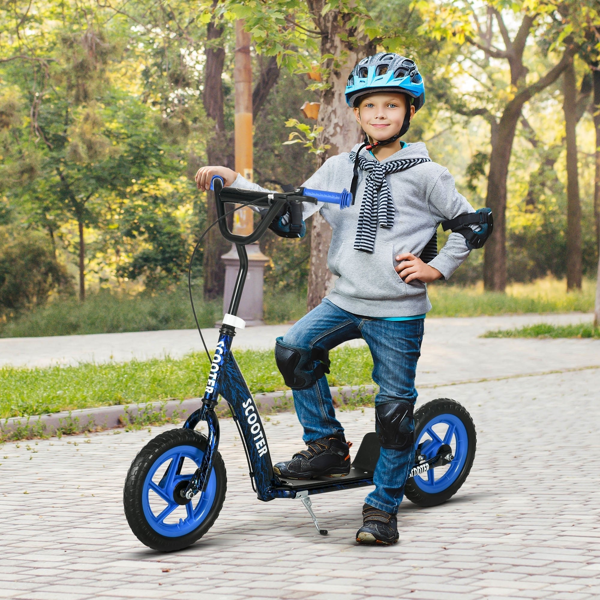 AIYAPLAY Kids Scooter with Adjustable Handlebar, Children's Kick Scooter with Non-slip Footplate, Rear Brake, Kickstand, Blue - SGP Garden Ltd