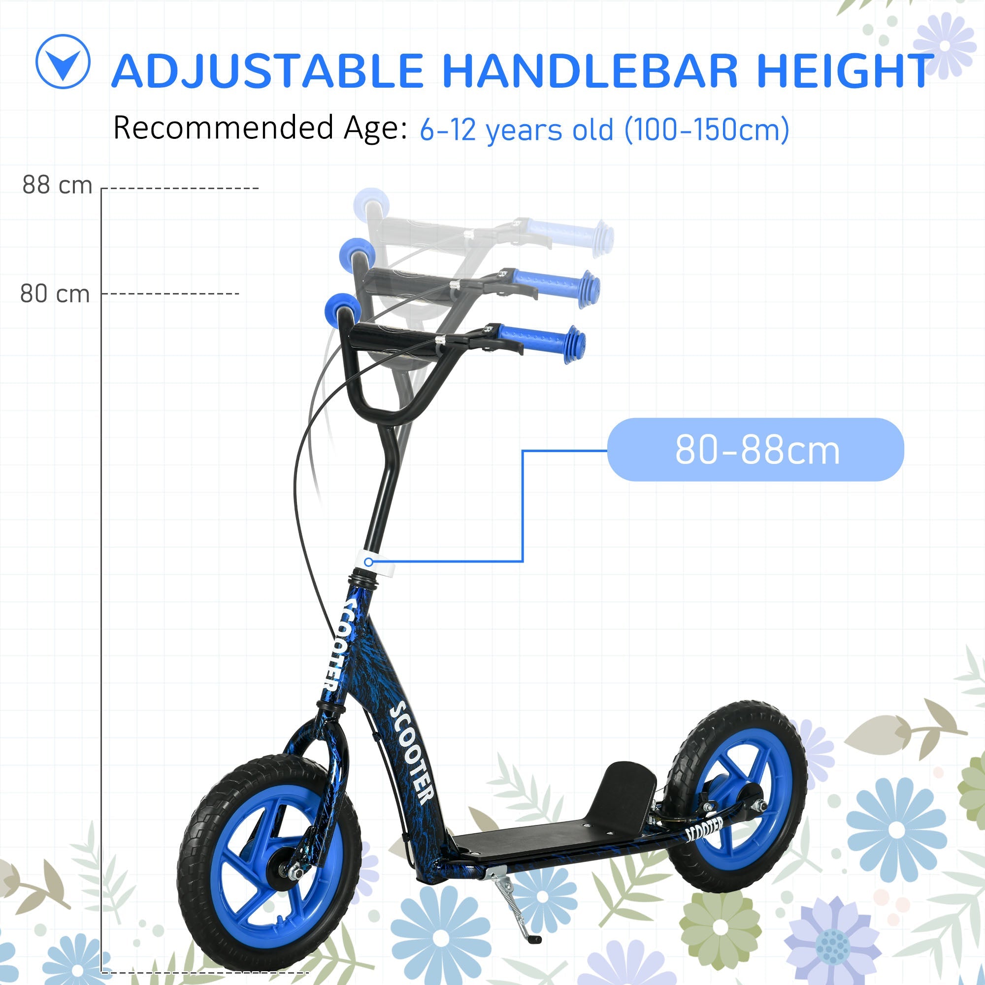 AIYAPLAY Kids Scooter with Adjustable Handlebar, Children's Kick Scooter with Non-slip Footplate, Rear Brake, Kickstand, Blue - SGP Garden Ltd