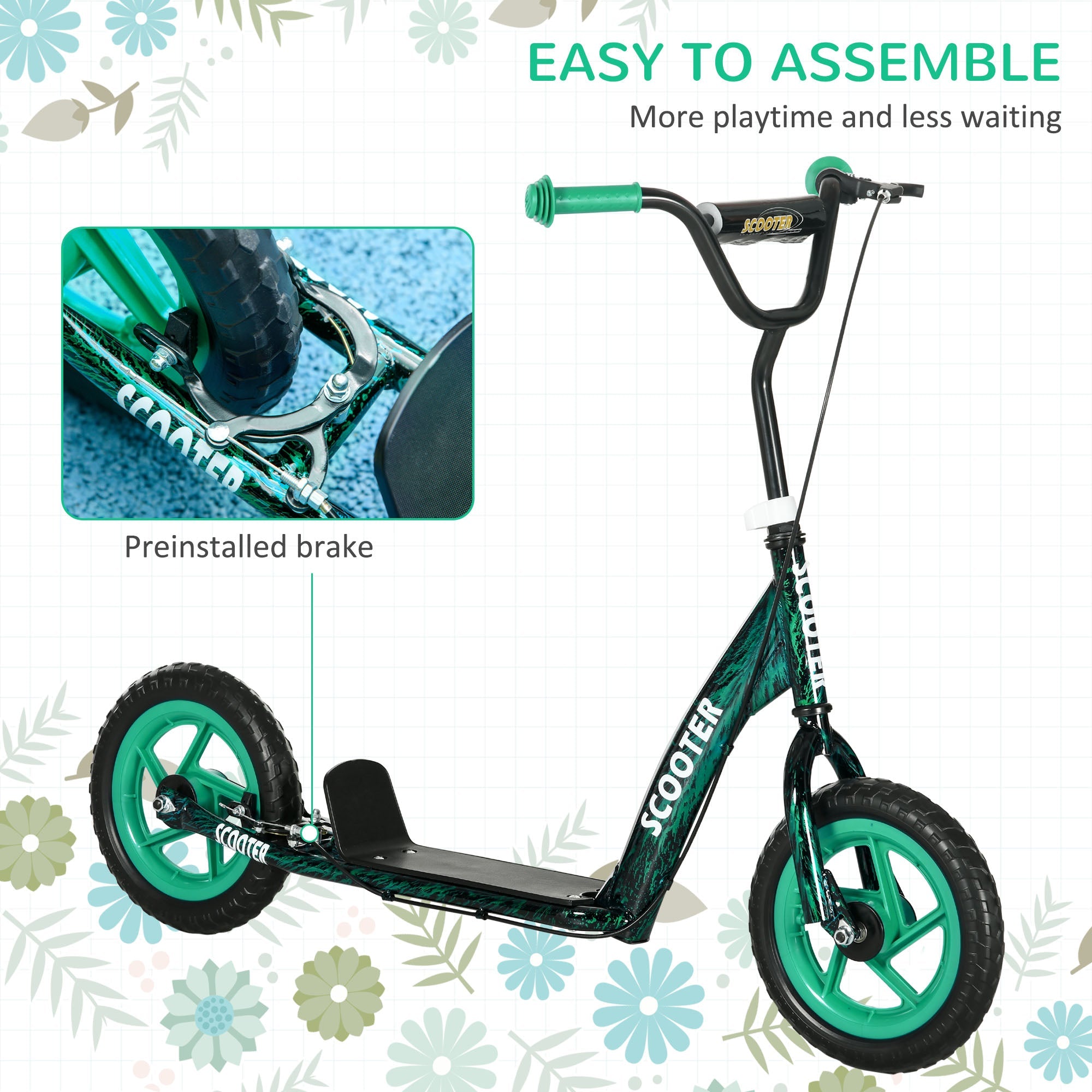 AIYAPLAY Kids Scooter with Adjustable Handlebar, Children's Kick Scooter with Non-slip Footplate, Rear Brake, Kickstand, Green - SGP Garden Ltd