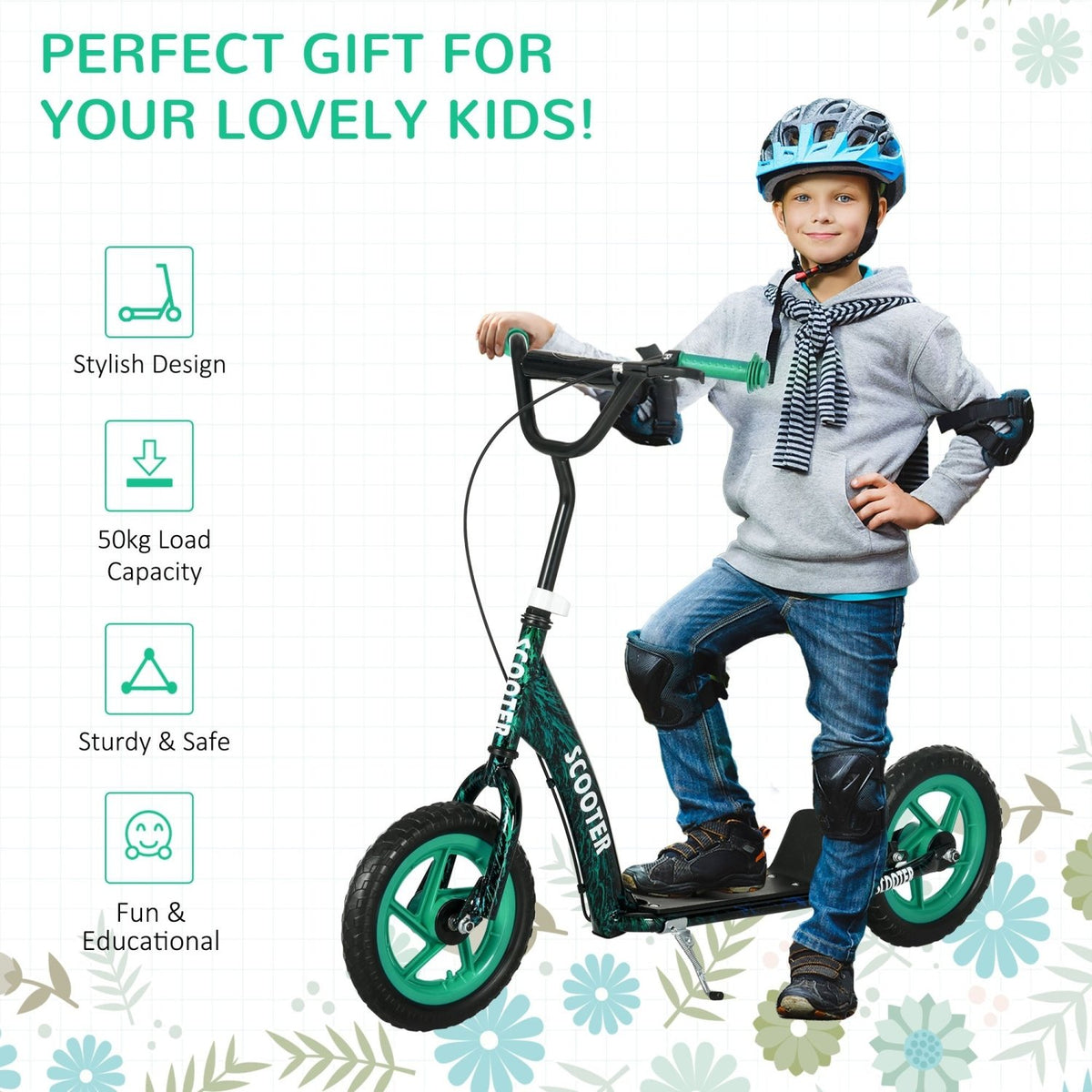 AIYAPLAY Kids Scooter with Adjustable Handlebar, Children's Kick Scooter with Non-slip Footplate, Rear Brake, Kickstand, Green - SGP Garden Ltd