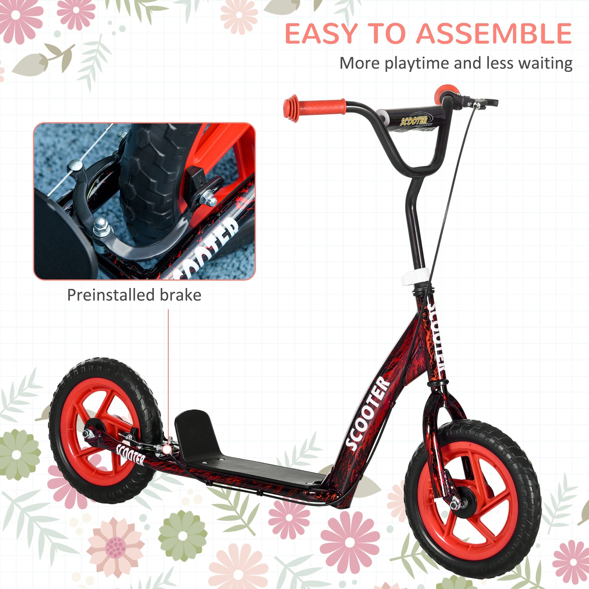 AIYAPLAY Kids Scooter with Adjustable Handlebar, Children's Kick Scooter with Non-slip Footplate, Rear Brake, Kickstand, Red - SGP Garden Ltd