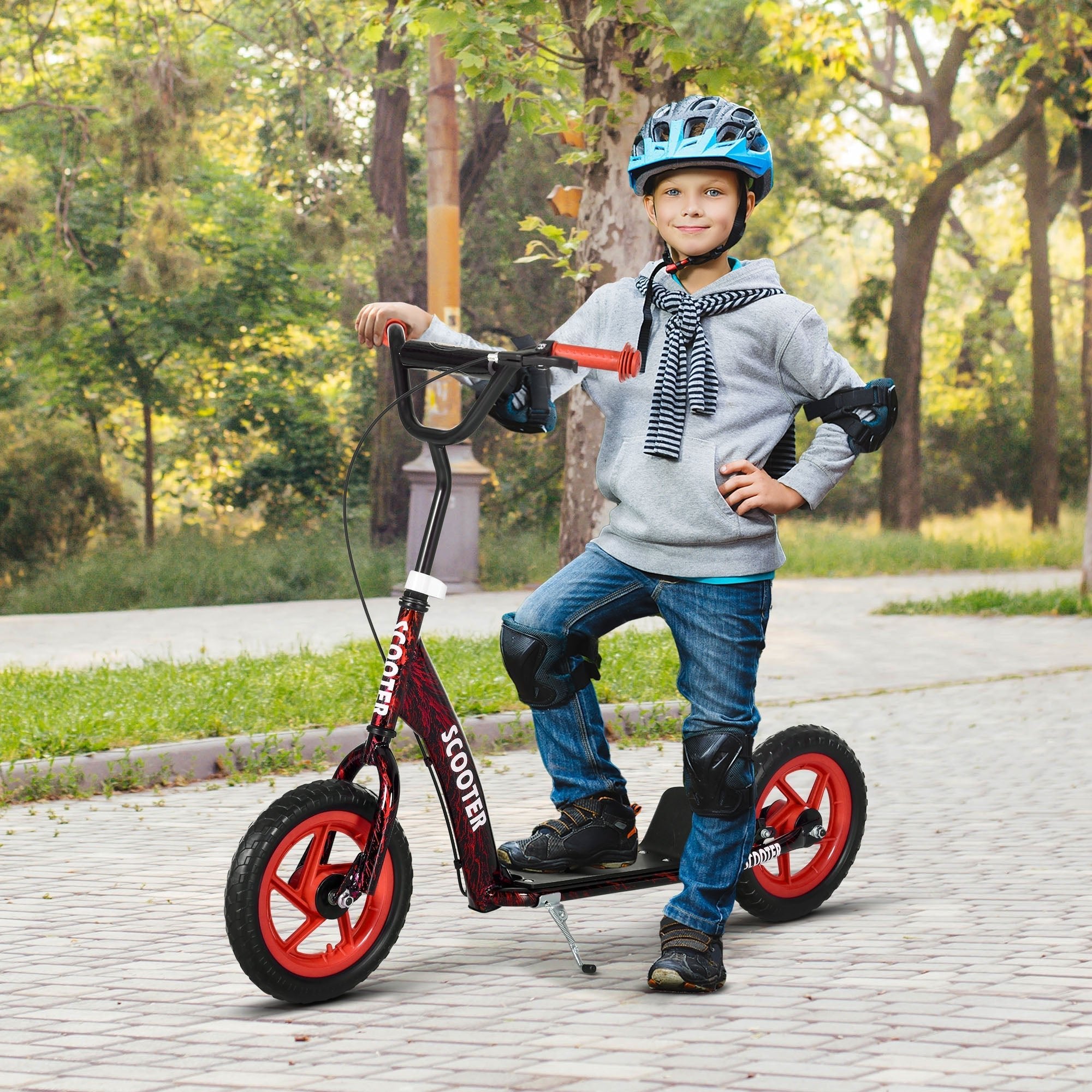 AIYAPLAY Kids Scooter with Adjustable Handlebar, Children's Kick Scooter with Non-slip Footplate, Rear Brake, Kickstand, Red - SGP Garden Ltd