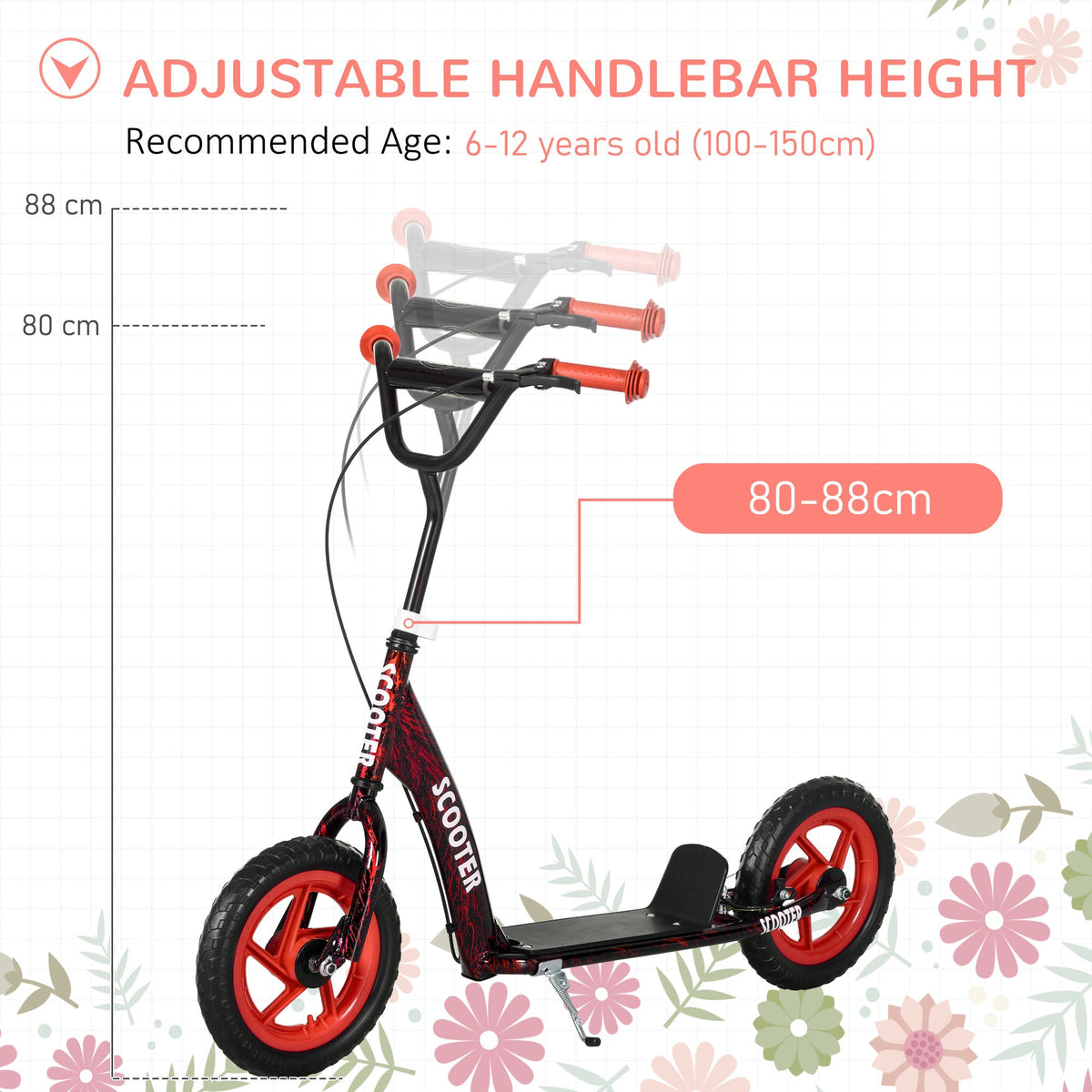 AIYAPLAY Kids Scooter with Adjustable Handlebar, Children's Kick Scooter with Non-slip Footplate, Rear Brake, Kickstand, Red - SGP Garden Ltd