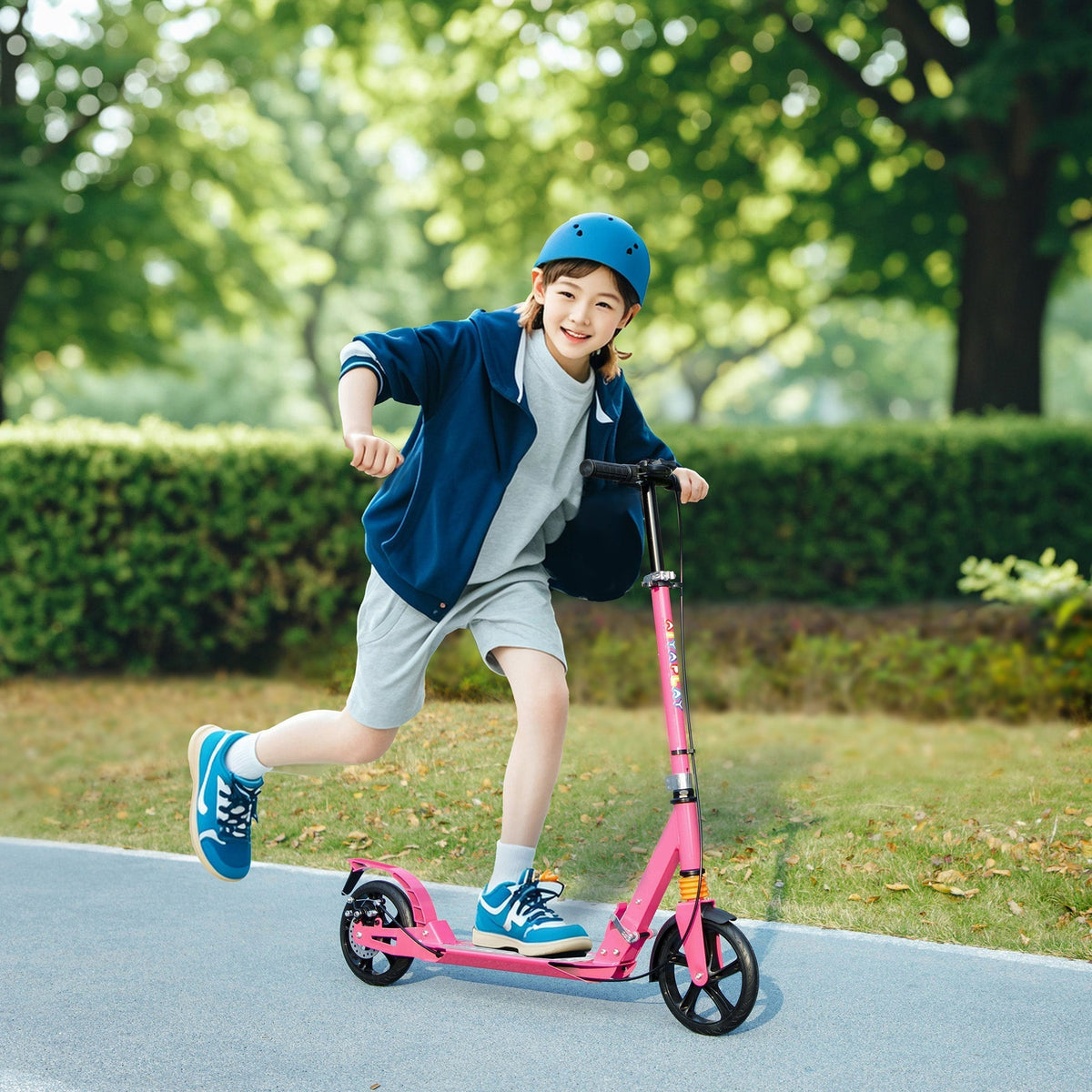 AIYAPLAY Kids Scooter with Four-Level Adjustable Handlebar, Dual Brake System, 200mm Wheels, ABEC-7 Bearings, Pink - SGP Garden Ltd
