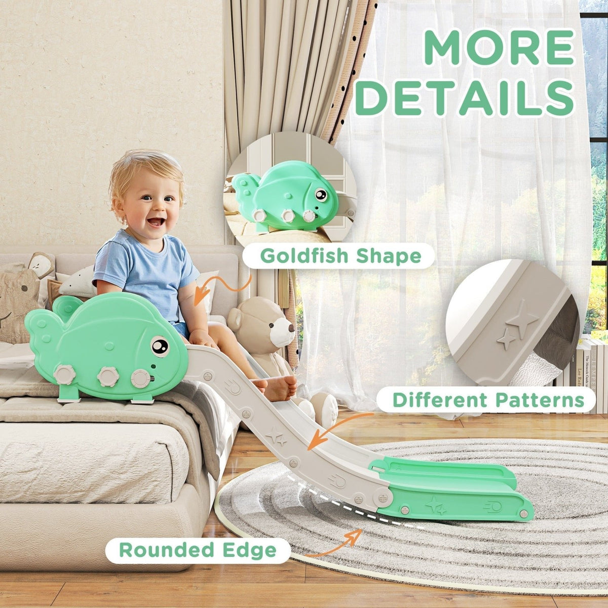 AIYAPLAY Kids Sofa Slide with 130cm Extended Length, HDPE Toddler Slide for Sofa, Bed, Stairs, Easy Assemble & Storage, Green - SGP Garden Ltd