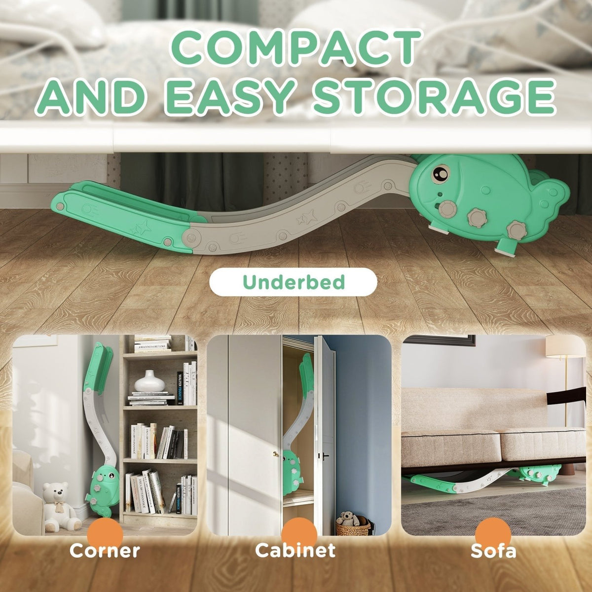 AIYAPLAY Kids Sofa Slide with 130cm Extended Length, HDPE Toddler Slide for Sofa, Bed, Stairs, Easy Assemble & Storage, Green - SGP Garden Ltd