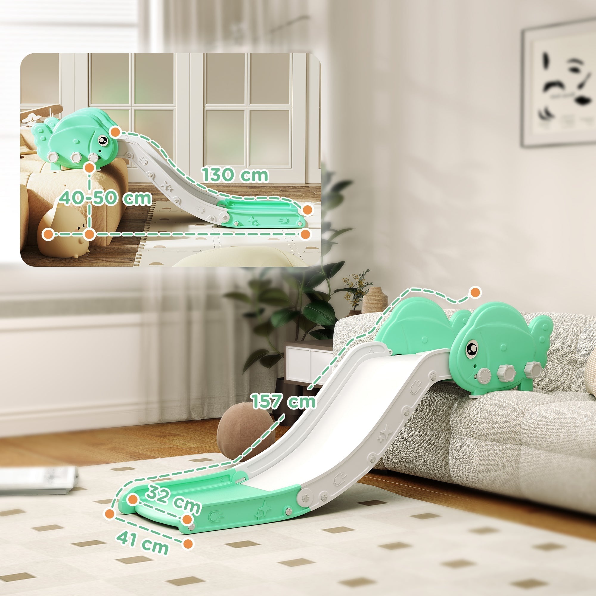AIYAPLAY Kids Sofa Slide with 130cm Extended Length, HDPE Toddler Slide for Sofa, Bed, Stairs, Easy Assemble & Storage, Green - SGP Garden Ltd