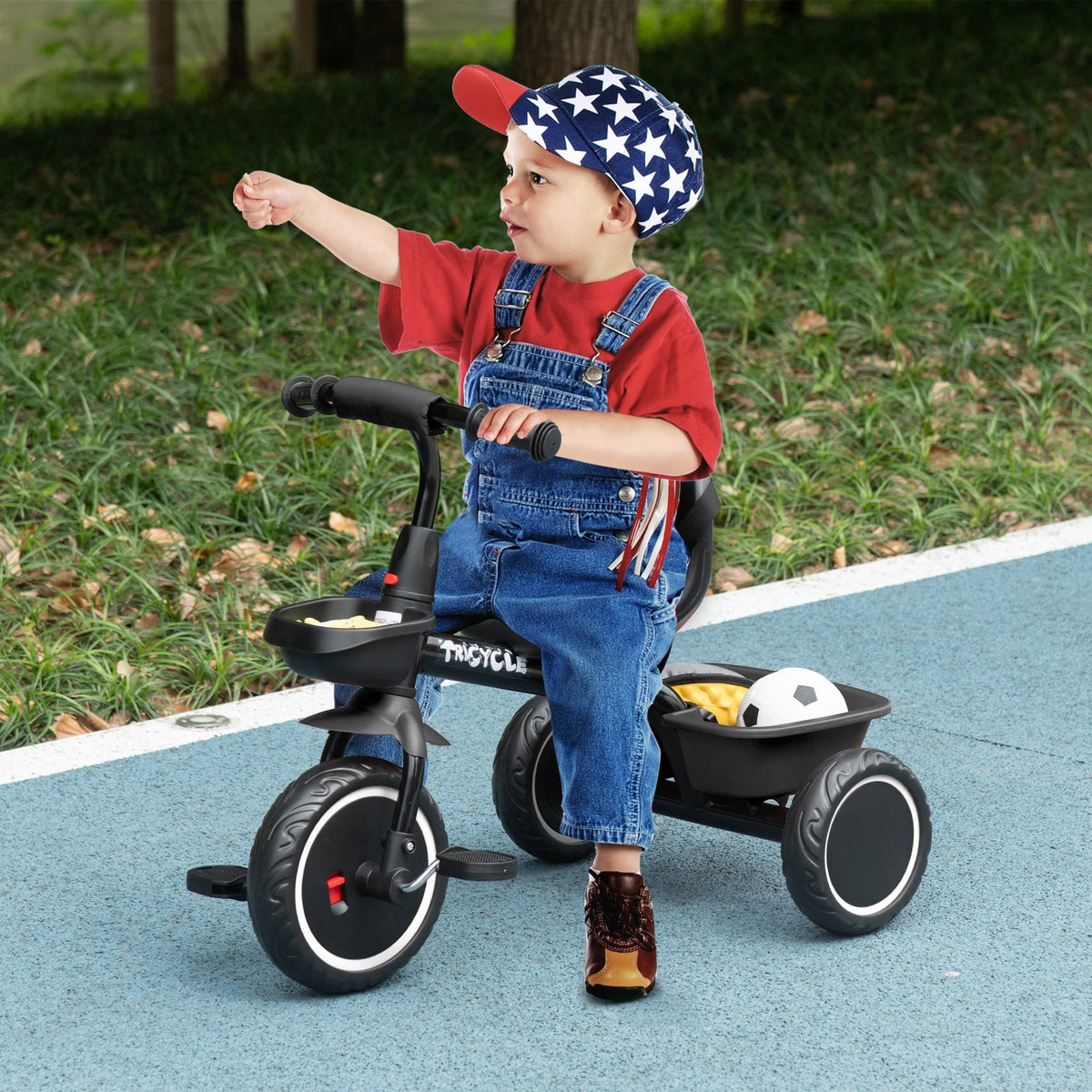 AIYAPLAY Kids Trike for 2-5 Years with Adjustable Seat, Pedal, Baskets, Black - SGP Garden Ltd