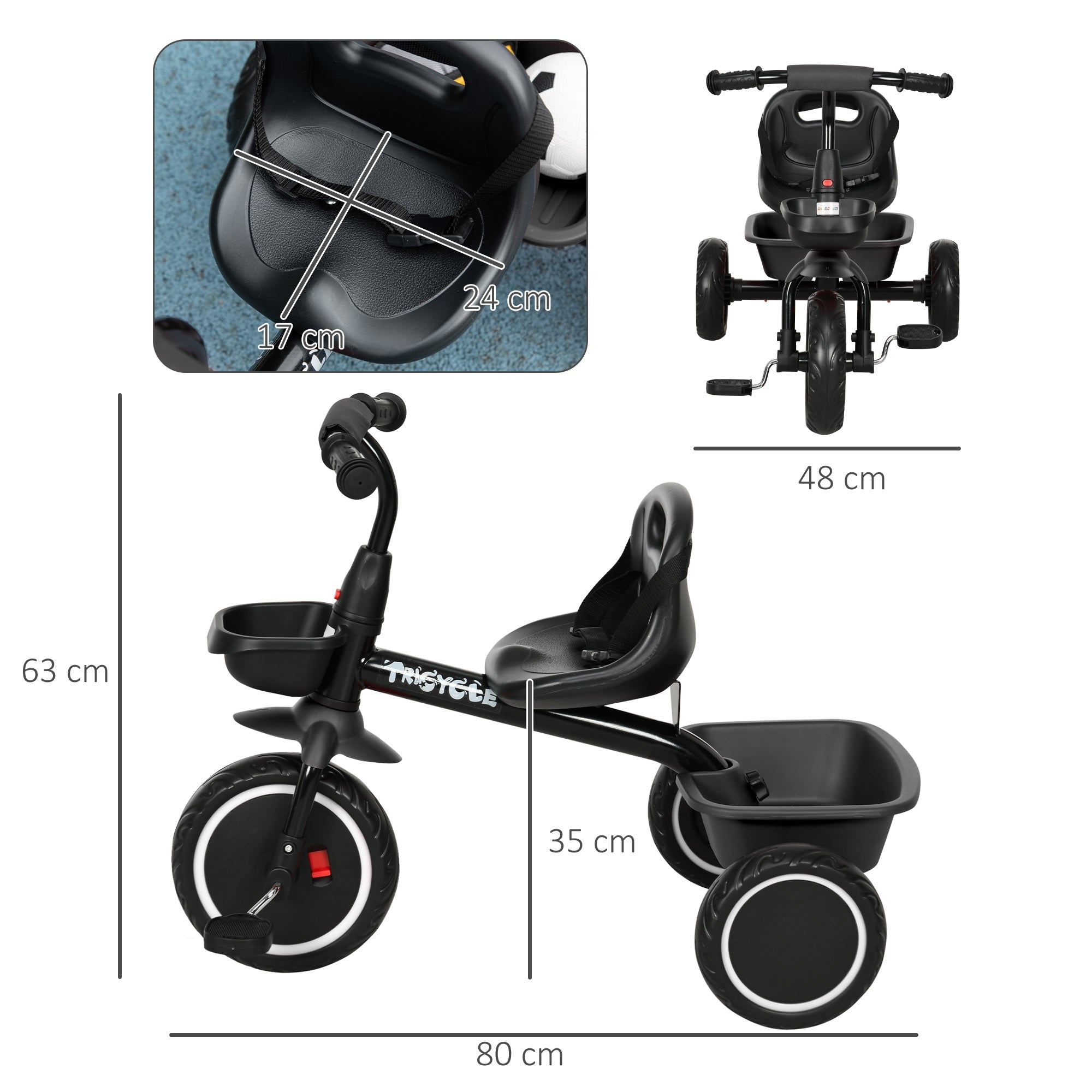 AIYAPLAY Kids Trike for 2-5 Years with Adjustable Seat, Pedal, Baskets, Black - SGP Garden Ltd