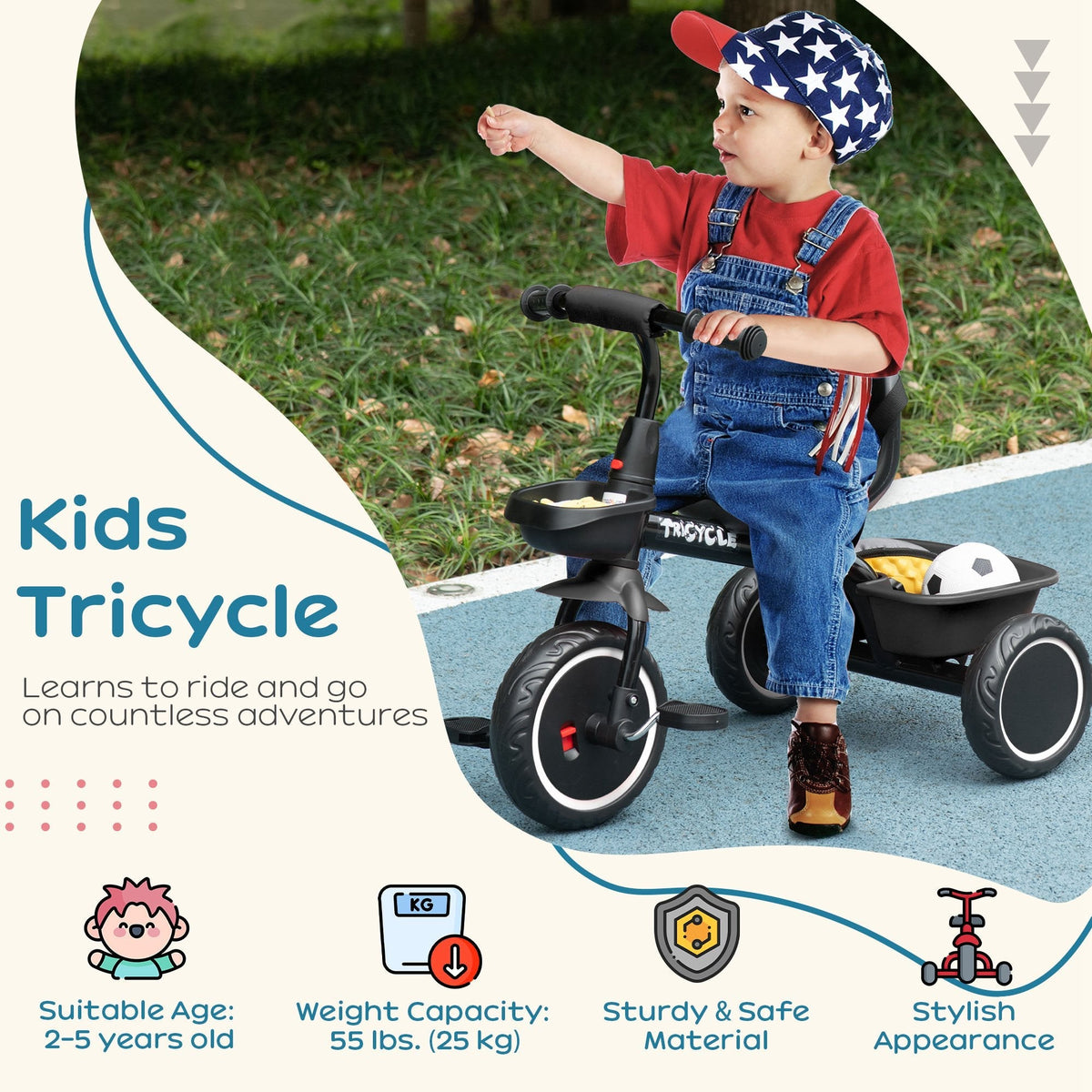 AIYAPLAY Kids Trike for 2-5 Years with Adjustable Seat, Pedal, Baskets, Black - SGP Garden Ltd