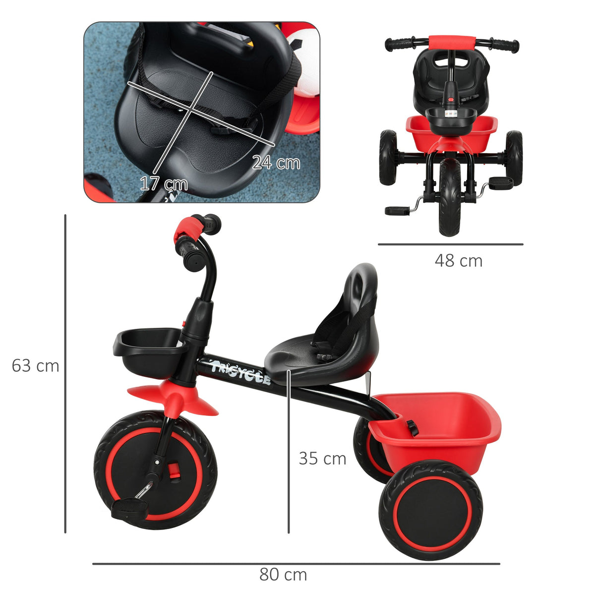 AIYAPLAY Kids Trike for 2-5 Years with Adjustable Seat, Pedal, Baskets, Red - SGP Garden Ltd