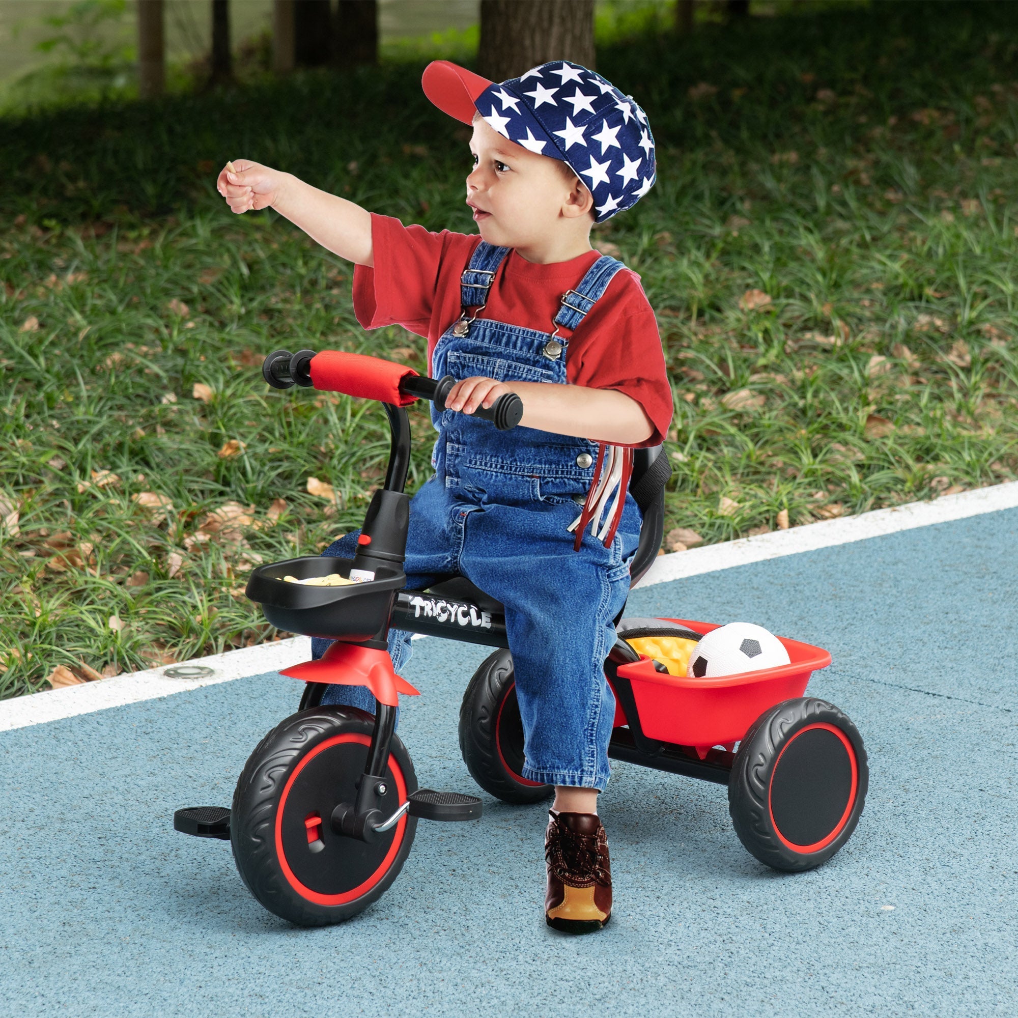 AIYAPLAY Kids Trike for 2-5 Years with Adjustable Seat, Pedal, Baskets, Red - SGP Garden Ltd