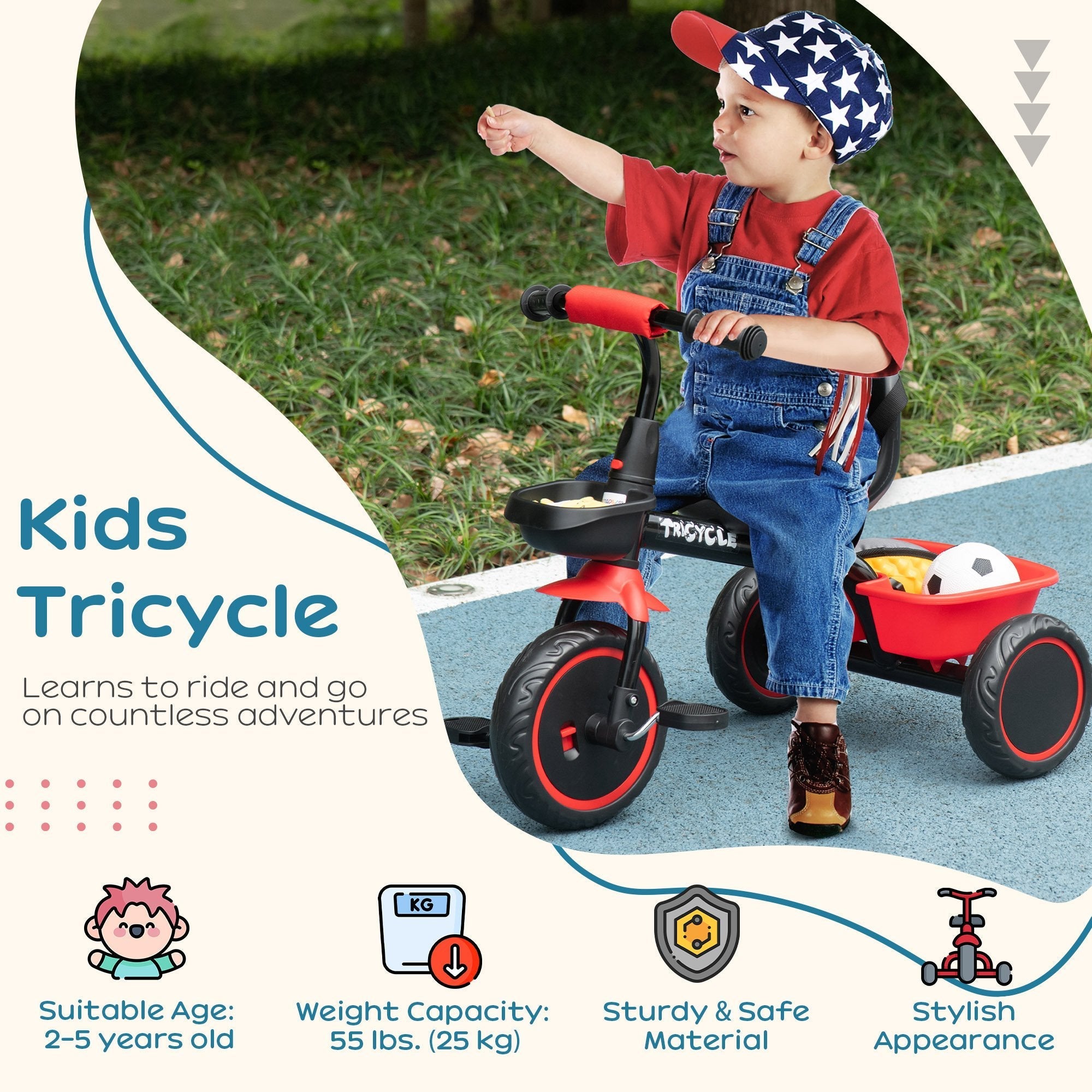 AIYAPLAY Kids Trike for 2-5 Years with Adjustable Seat, Pedal, Baskets, Red - SGP Garden Ltd