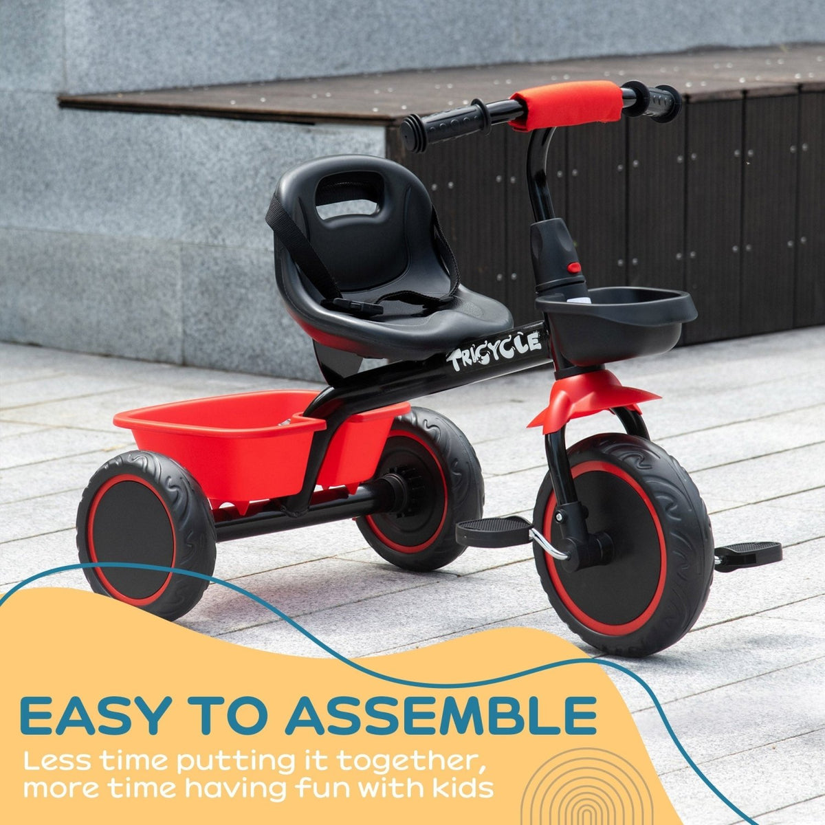 AIYAPLAY Kids Trike for 2-5 Years with Adjustable Seat, Pedal, Baskets, Red - SGP Garden Ltd