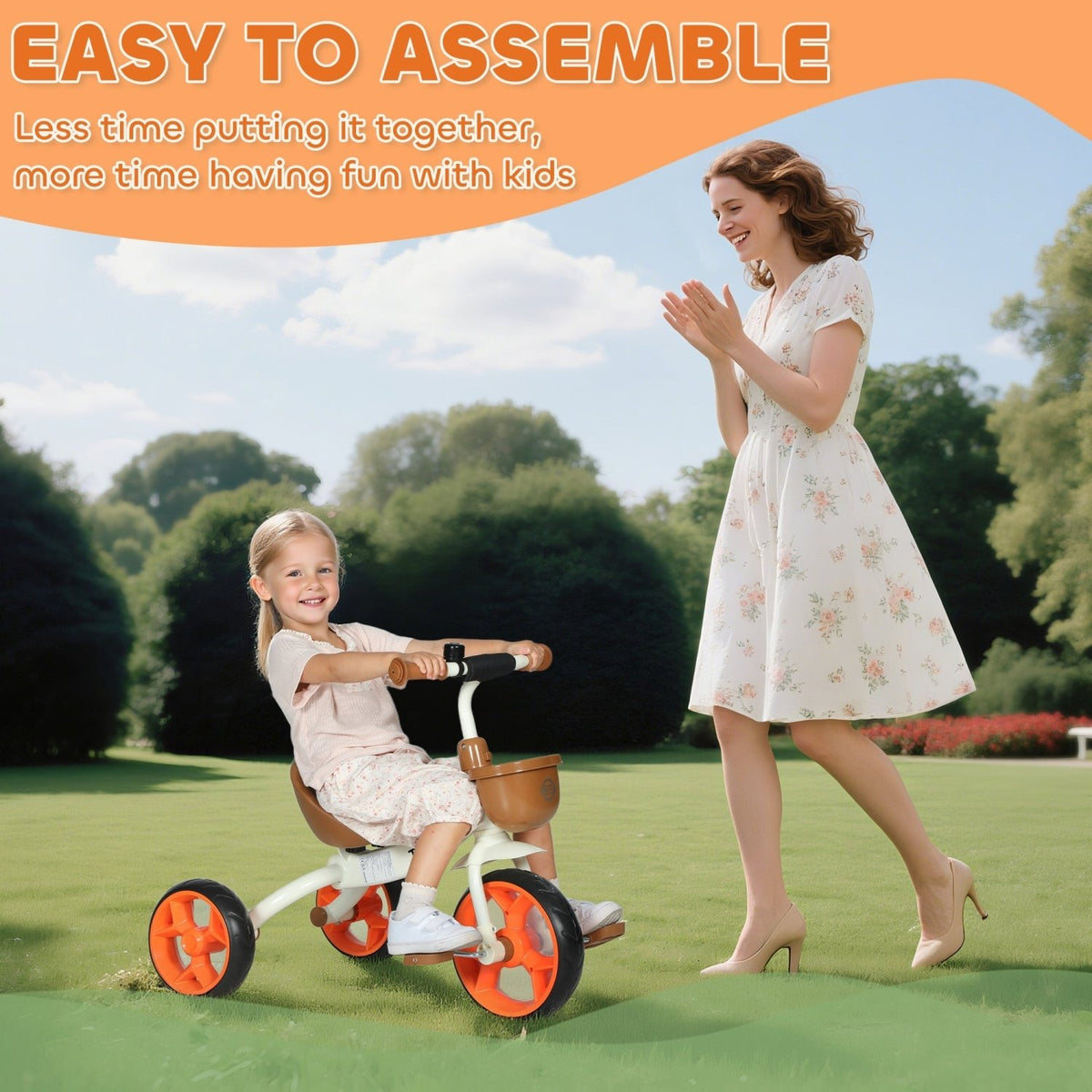 AIYAPLAY Kids Trike, Toddler Tricycle with Front Basket and EVA Wheels for Ages 2-5 Years, Indoor Outdoor for Boys Girls, Orange - SGP Garden Ltd