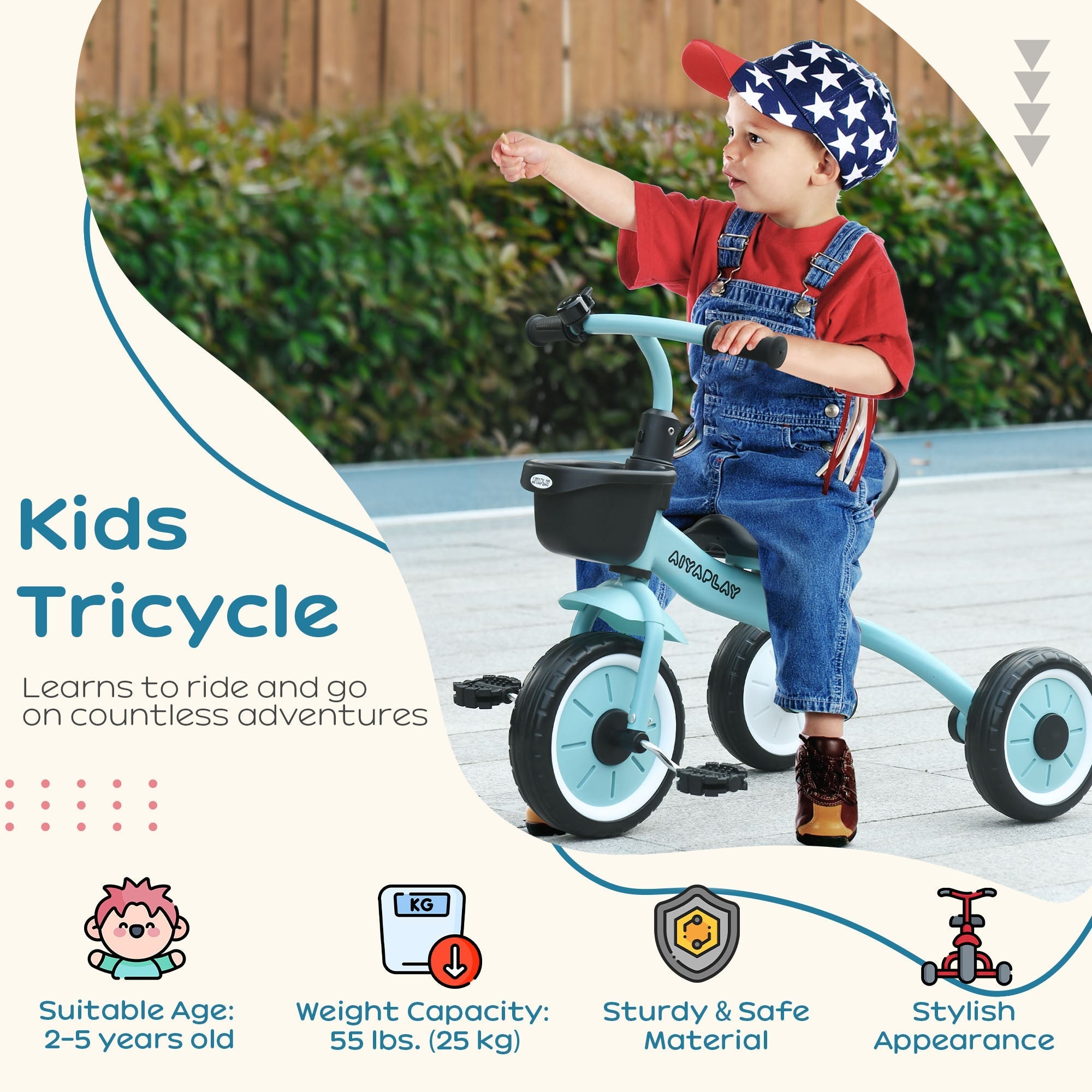 AIYAPLAY Kids Trike, Tricycle, with Adjustable Seat, Basket, Bell, for Ages 2-5 Years - Blue - SGP Garden Ltd
