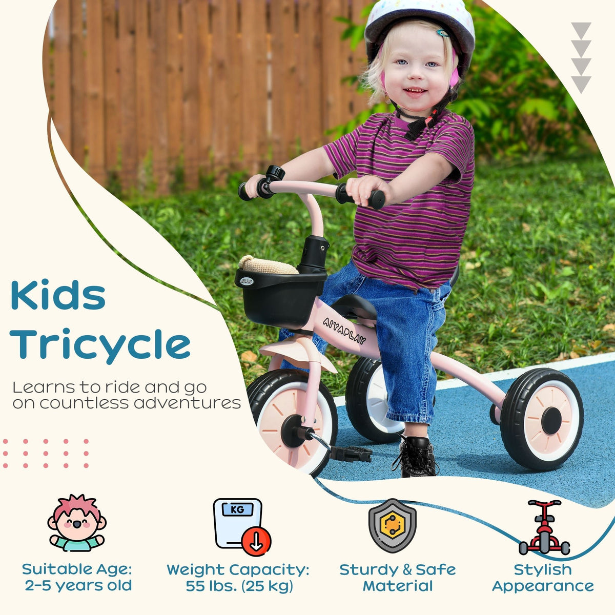 AIYAPLAY Kids Trike, Tricycle, with Adjustable Seat, Basket, Bell, for Ages 2-5 Years - Pink - SGP Garden Ltd