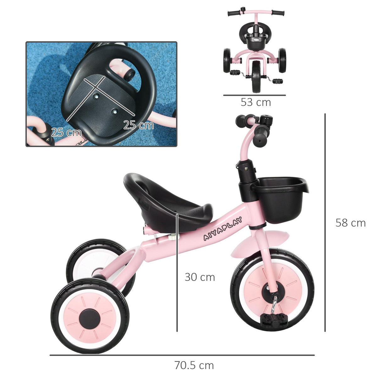 AIYAPLAY Kids Trike, Tricycle, with Adjustable Seat, Basket, Bell, for Ages 2-5 Years - Pink - SGP Garden Ltd