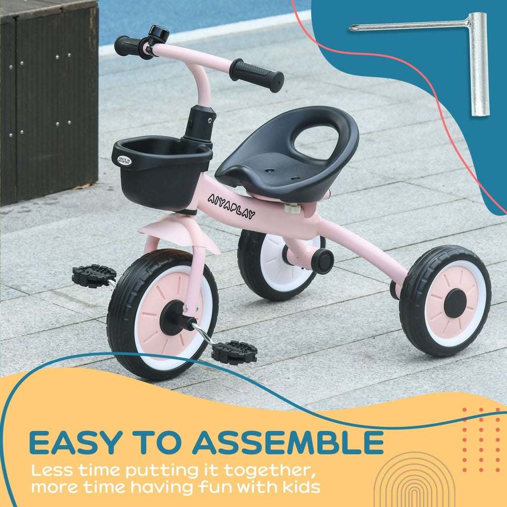 AIYAPLAY Kids Trike, Tricycle, with Adjustable Seat, Basket, Bell, for Ages 2-5 Years - Pink - SGP Garden Ltd