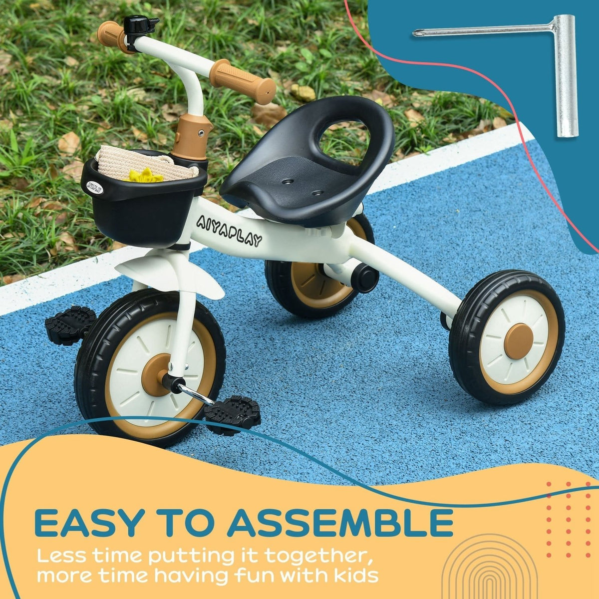 AIYAPLAY Kids Trike, Tricycle, with Adjustable Seat, Basket, Bell, for Ages 2-5 Years - White - SGP Garden Ltd
