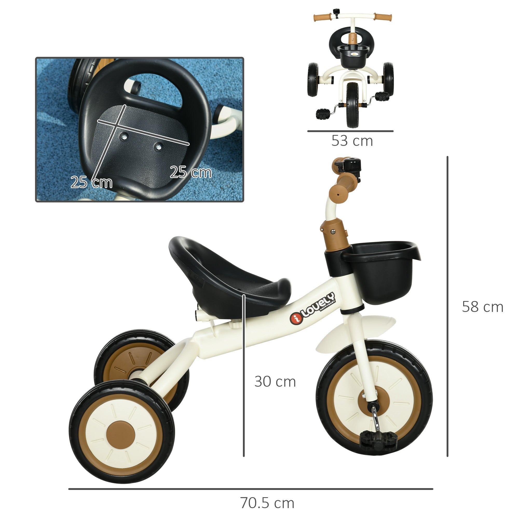 AIYAPLAY Kids Trike, Tricycle, with Adjustable Seat, Basket, Bell, for Ages 2-5 Years - White - SGP Garden Ltd