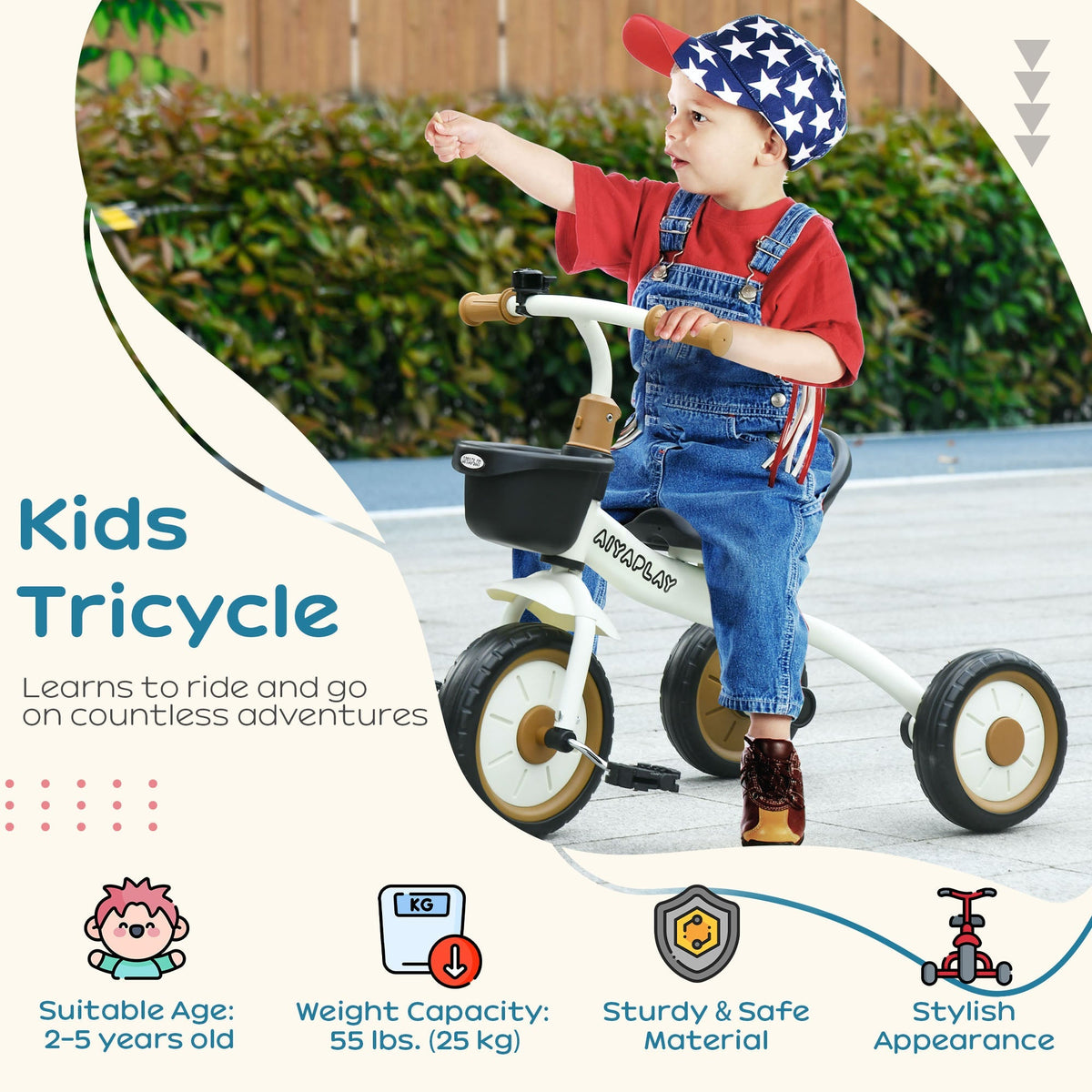 AIYAPLAY Kids Trike, Tricycle, with Adjustable Seat, Basket, Bell, for Ages 2-5 Years - White - SGP Garden Ltd