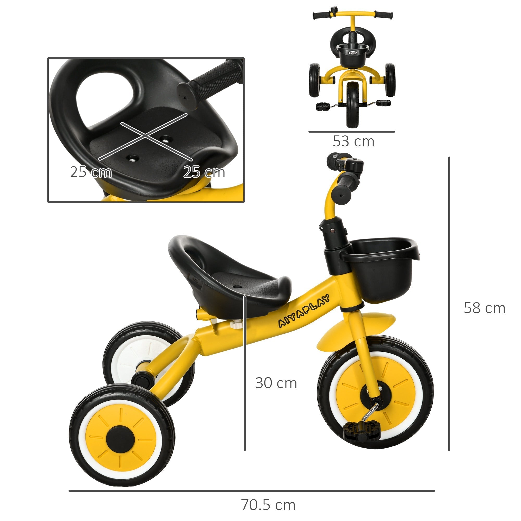 AIYAPLAY Kids Trike, Tricycle, with Adjustable Seat, Basket, Bell, for Ages 2-5 Years - Yellow - SGP Garden Ltd