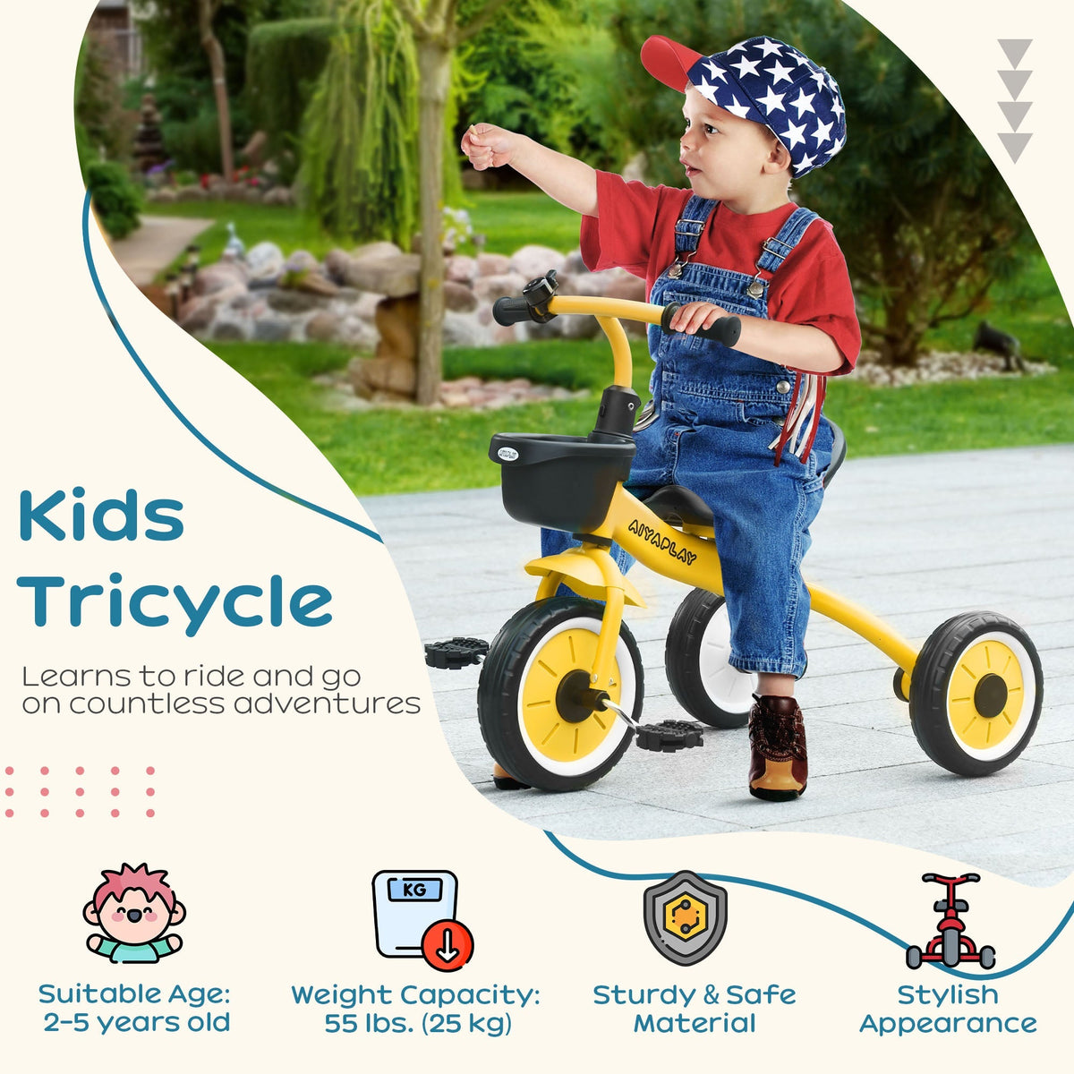 AIYAPLAY Kids Trike, Tricycle, with Adjustable Seat, Basket, Bell, for Ages 2-5 Years - Yellow - SGP Garden Ltd