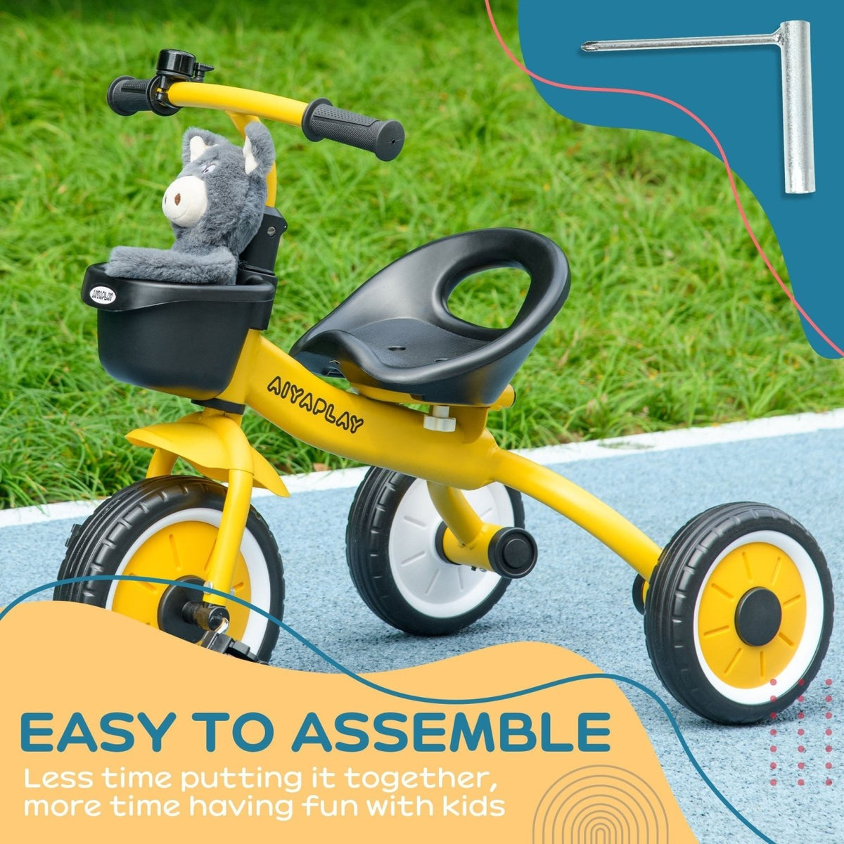 AIYAPLAY Kids Trike, Tricycle, with Adjustable Seat, Basket, Bell, for Ages 2-5 Years - Yellow - SGP Garden Ltd
