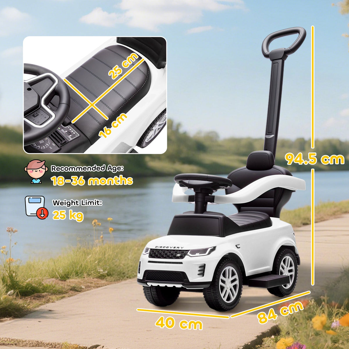 AIYAPLAY Land Rover Discovery Licensed Baby Push Car, 2-in-1 Ride on Car with Push Handle and Safety Guardrail, White - SGP Garden Ltd