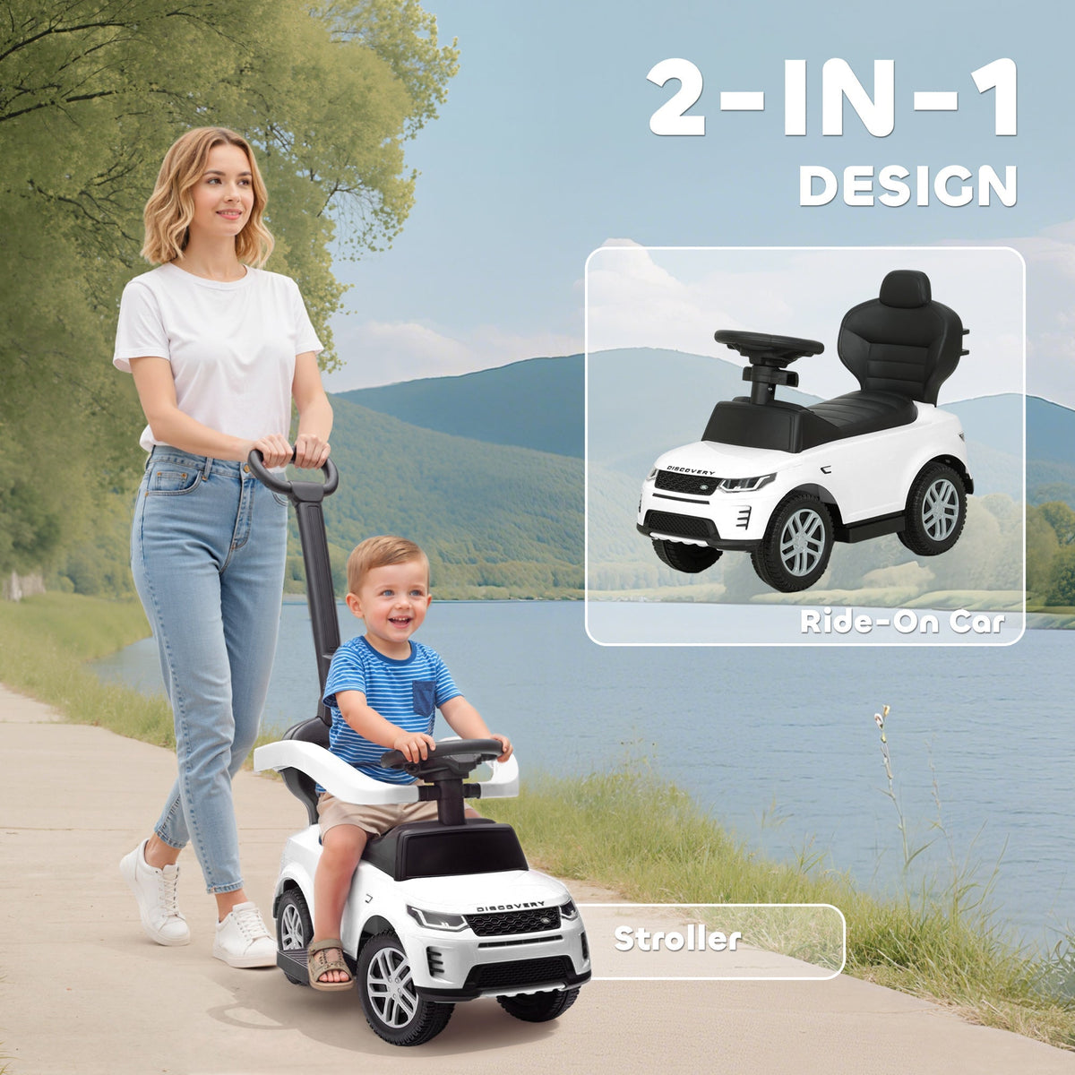 AIYAPLAY Land Rover Discovery Licensed Baby Push Car, 2-in-1 Ride on Car with Push Handle and Safety Guardrail, White - SGP Garden Ltd