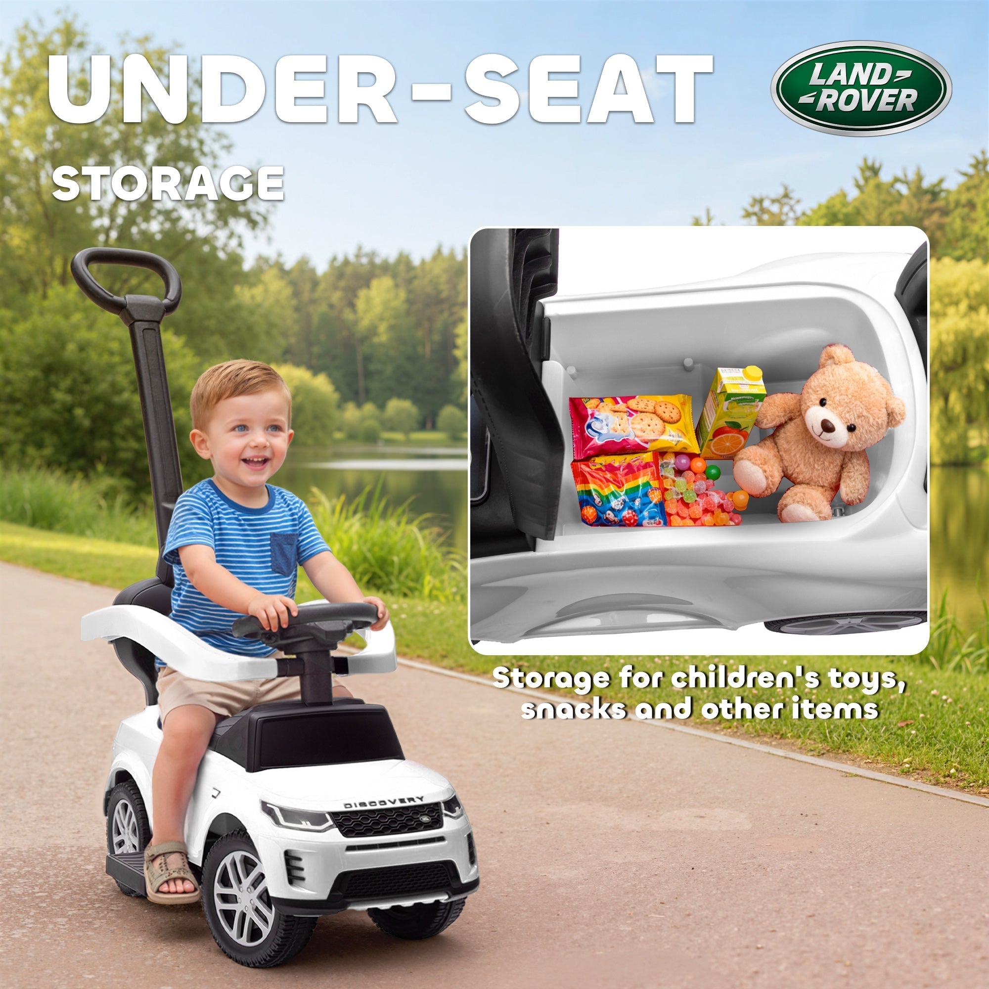 AIYAPLAY Land Rover Discovery Licensed Baby Push Car, 2-in-1 Ride on Car with Push Handle and Safety Guardrail, White - SGP Garden Ltd