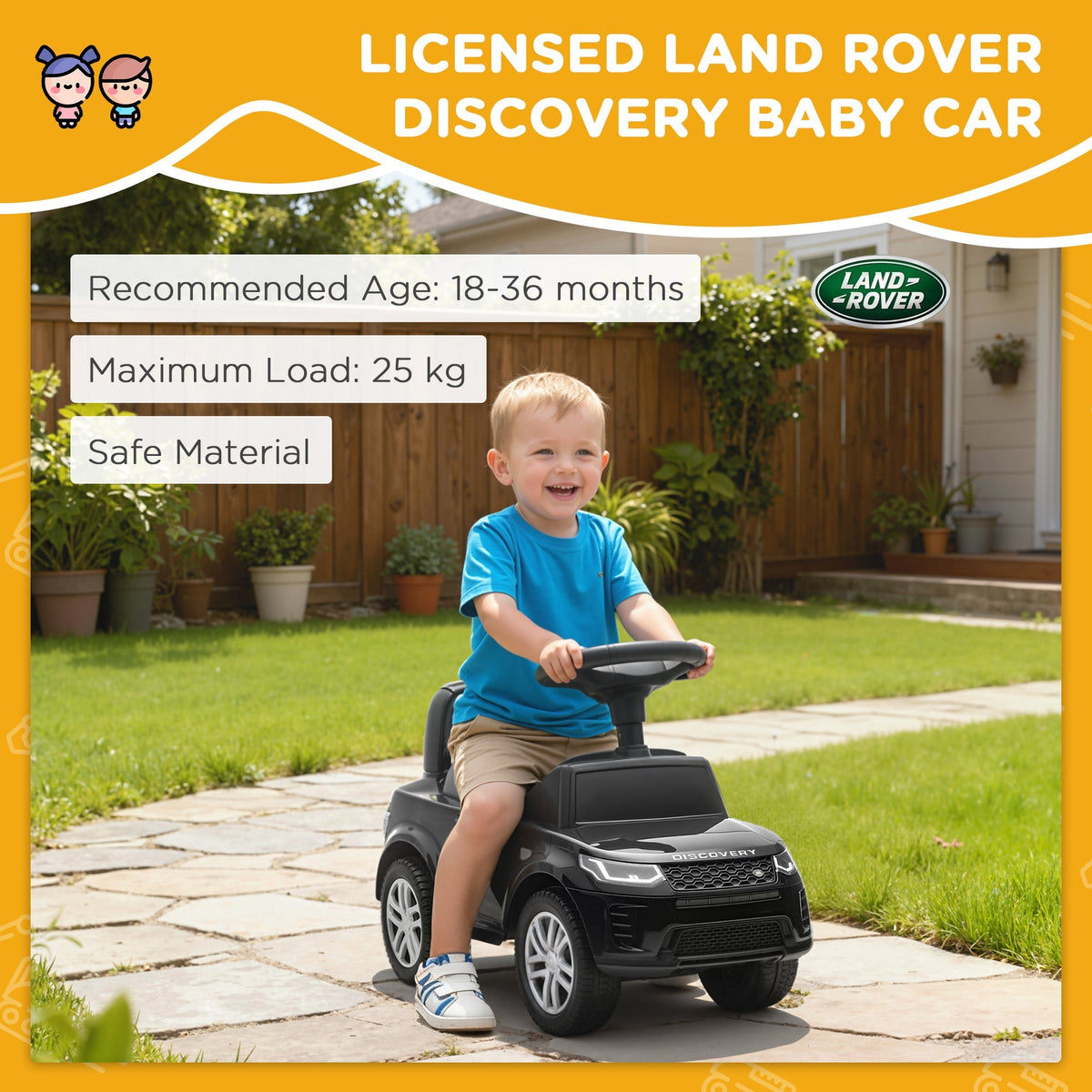AIYAPLAY Land Rover Licensed Toddler Ride on Car with Horn, Engine Sounds, Under-Seat Storage, for 18-36 Months, Black - SGP Garden Ltd