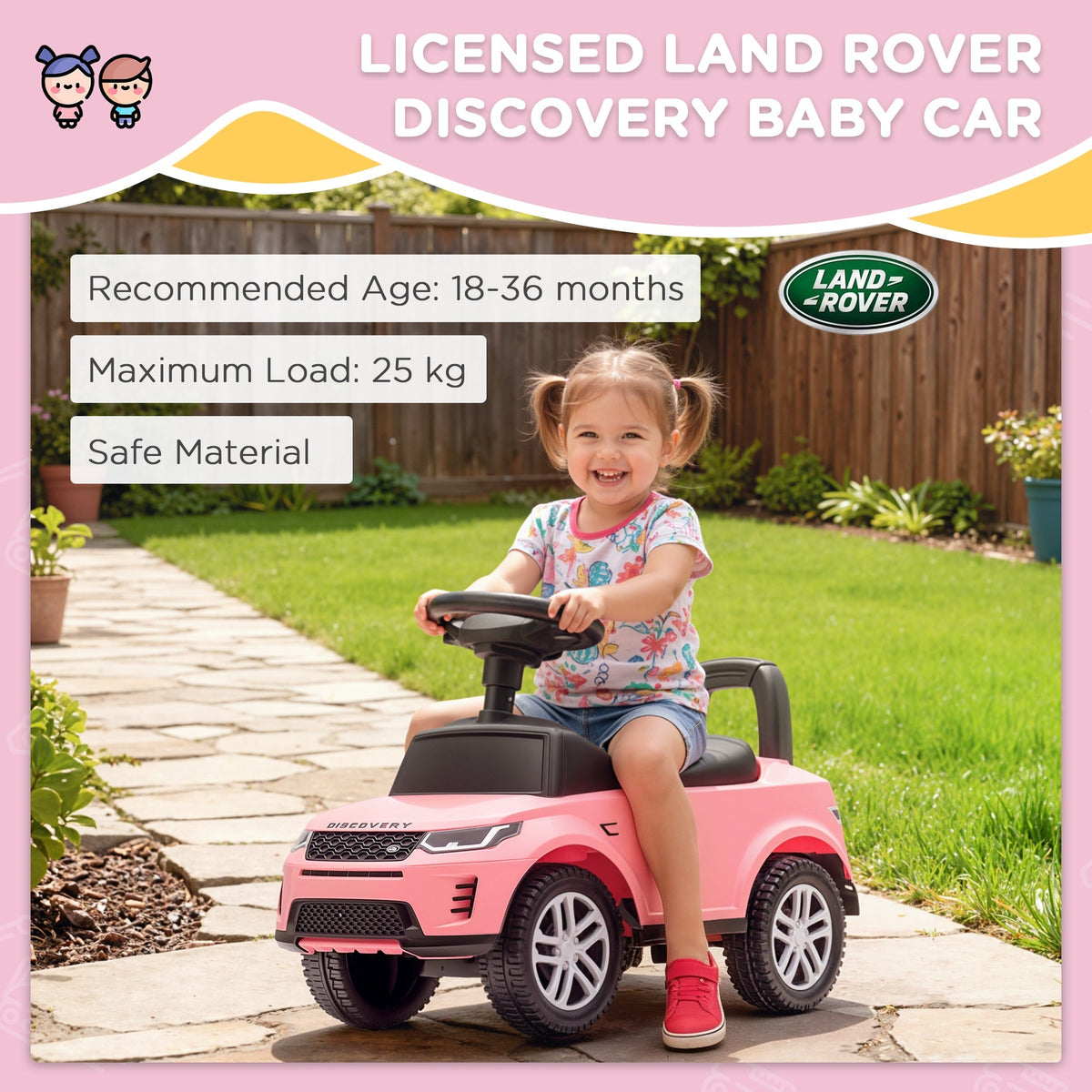 AIYAPLAY Land Rover Licensed Toddler Ride on Car with Horn, Engine Sounds, Under-Seat Storage, for 18-36 Months, Pink - SGP Garden Ltd