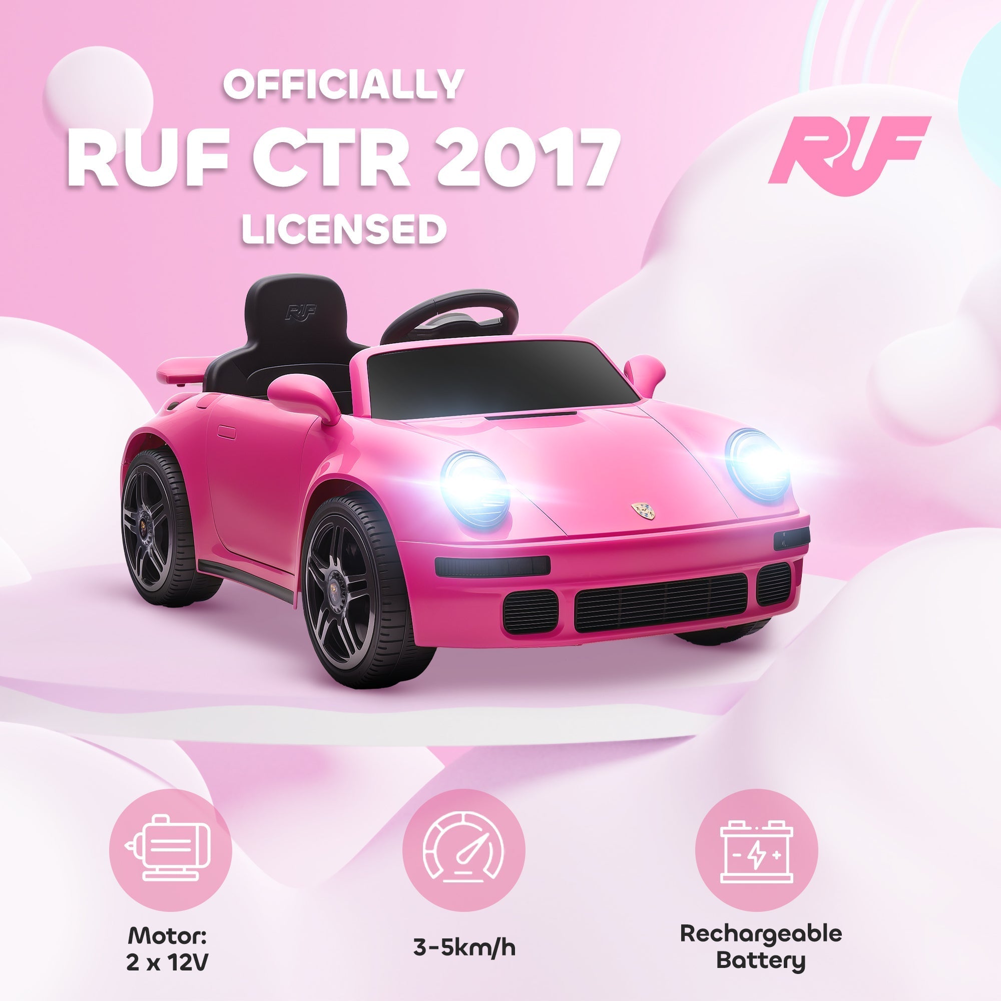 AIYAPLAY Licensed RUF CTR 2017 Electric Car for Kids, with Remote Control, Soft Start, MP3 Player, LED Lights, Pink - SGP Garden Ltd