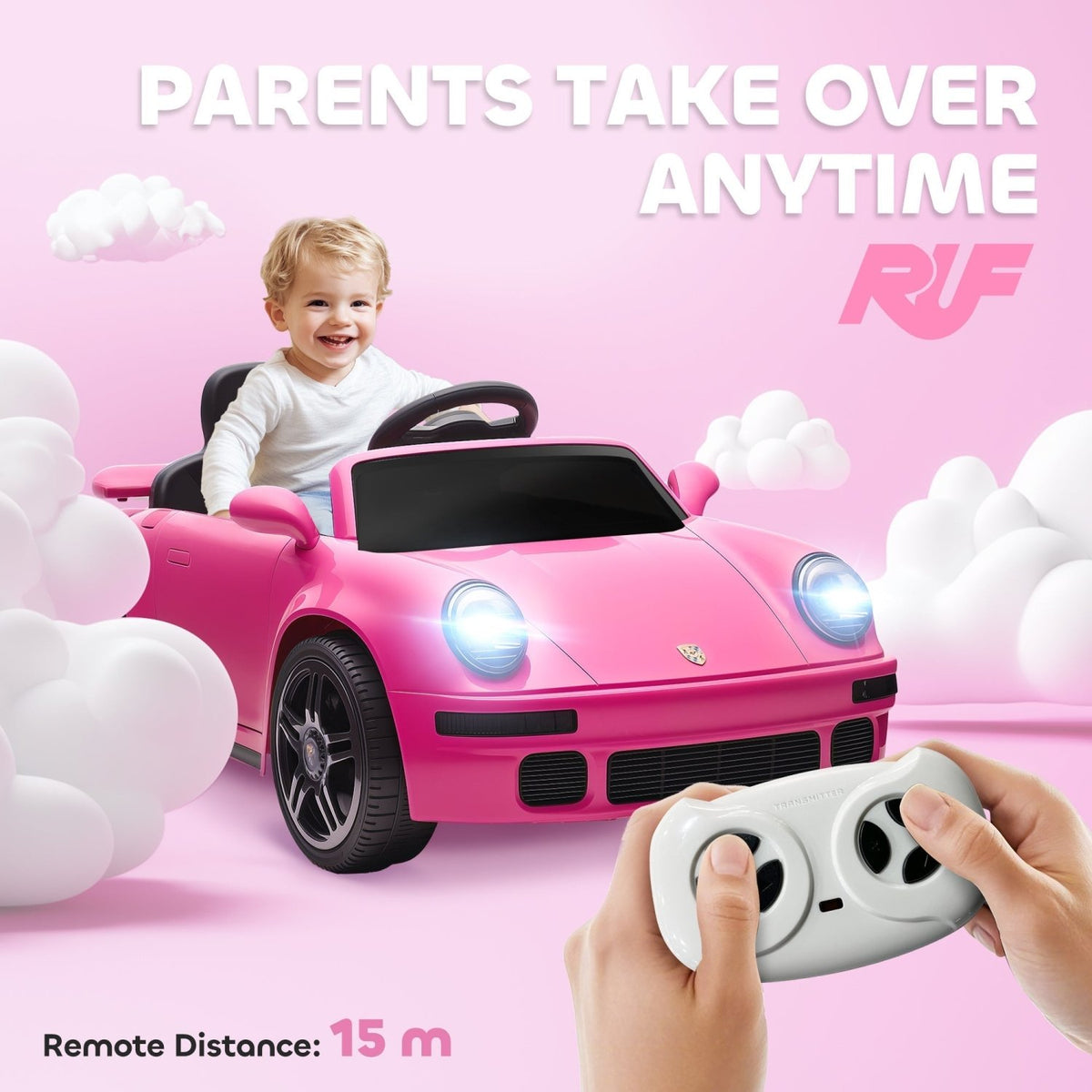 AIYAPLAY Licensed RUF CTR 2017 Electric Car for Kids, with Remote Control, Soft Start, MP3 Player, LED Lights, Pink - SGP Garden Ltd