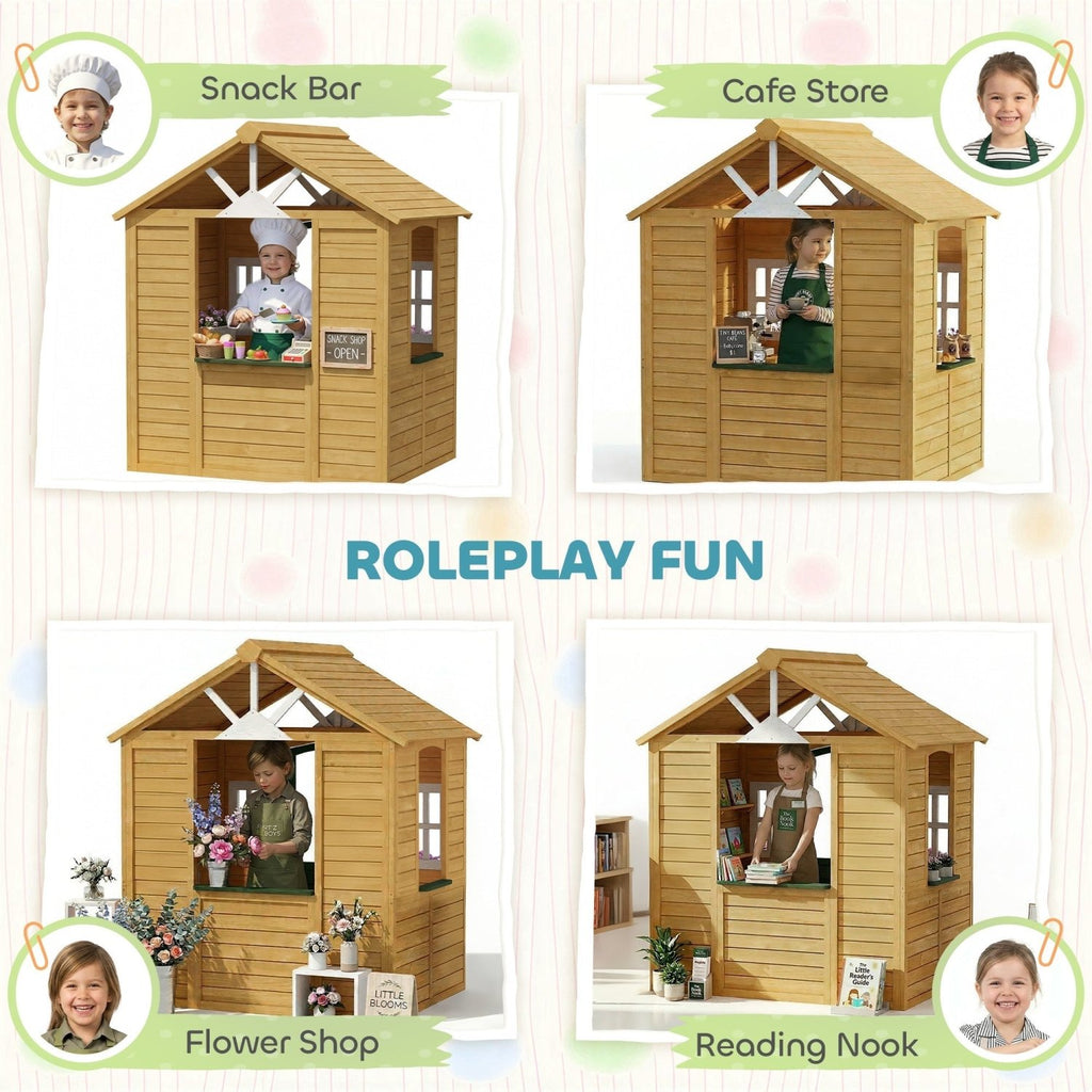 AIYAPLAY Outdoor Kids Playhouse, Wooden Wendy House with Door, 3 Windows, 2 Flower Boxes for Garden, Indoor Playroom - SGP Garden Ltd