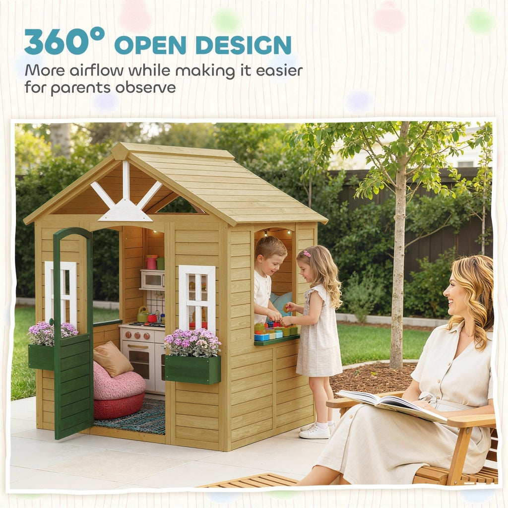 AIYAPLAY Outdoor Kids Playhouse, Wooden Wendy House with Door, 3 Windows, 2 Flower Boxes for Garden, Indoor Playroom - SGP Garden Ltd