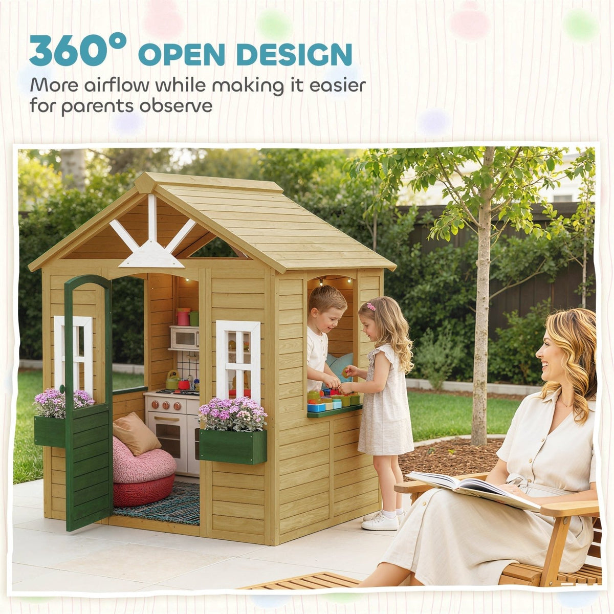 AIYAPLAY Outdoor Kids Playhouse, Wooden Wendy House with Door, 3 Windows, 2 Flower Boxes for Garden, Indoor Playroom - SGP Garden Ltd