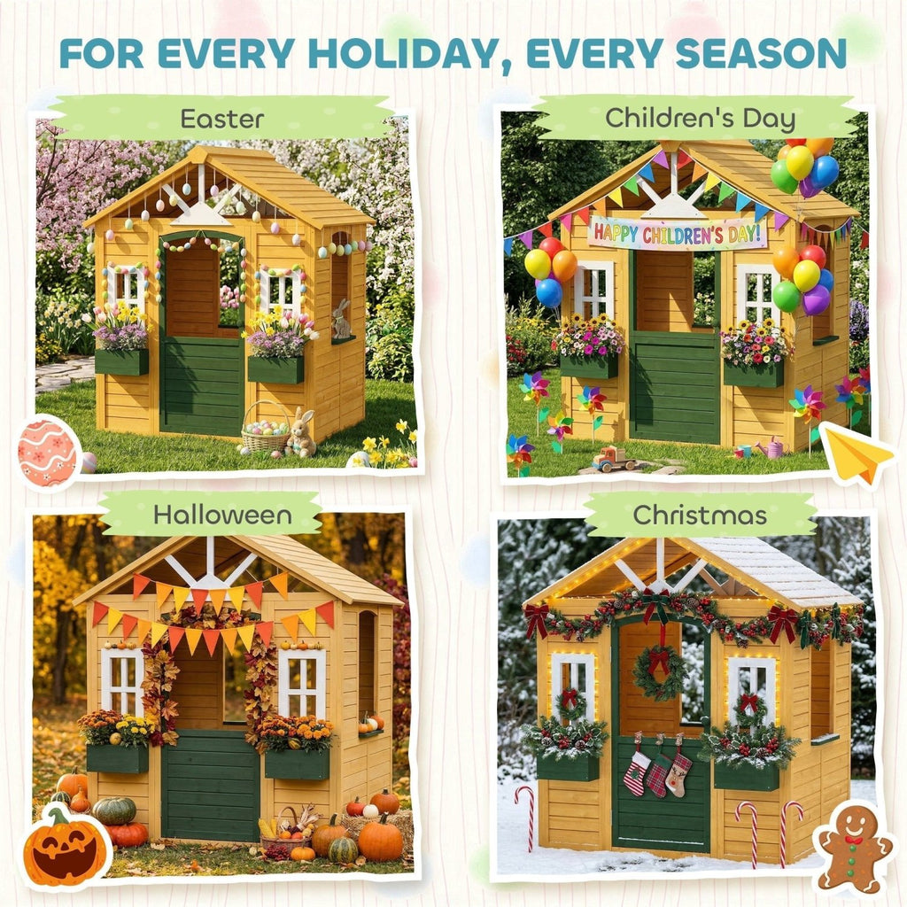 AIYAPLAY Outdoor Kids Playhouse, Wooden Wendy House with Door, 3 Windows, 2 Flower Boxes for Garden, Indoor Playroom - SGP Garden Ltd