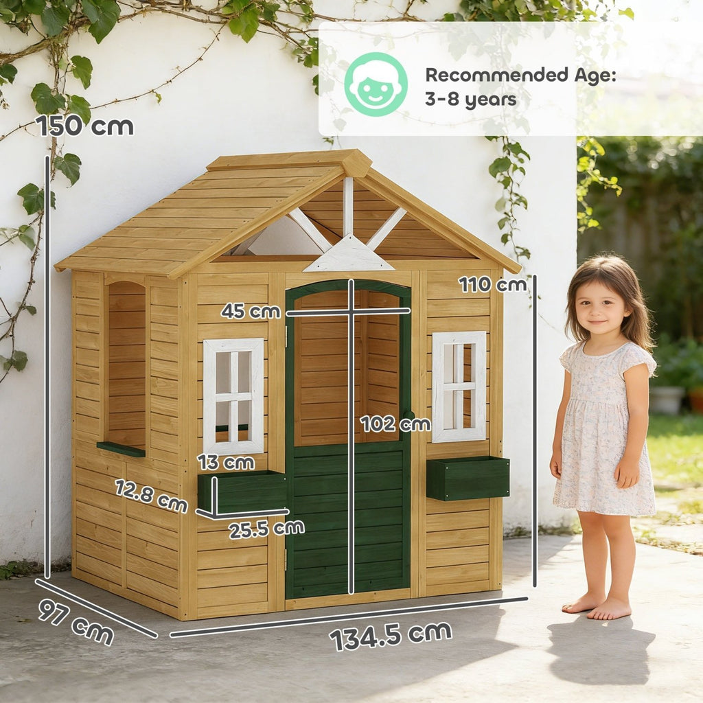 AIYAPLAY Outdoor Kids Playhouse, Wooden Wendy House with Door, 3 Windows, 2 Flower Boxes for Garden, Indoor Playroom - SGP Garden Ltd