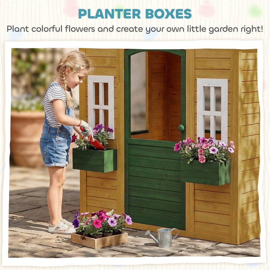 AIYAPLAY Outdoor Kids Playhouse, Wooden Wendy House with Door, 3 Windows, 2 Flower Boxes for Garden, Indoor Playroom - SGP Garden Ltd
