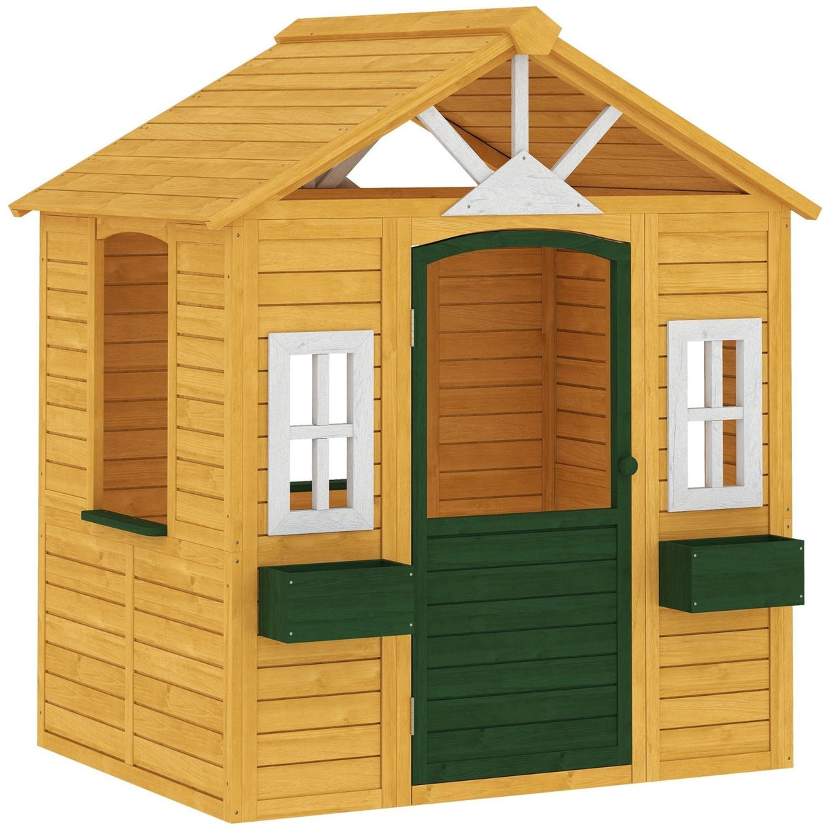 AIYAPLAY Outdoor Kids Playhouse, Wooden Wendy House with Door, 3 Windows, 2 Flower Boxes for Garden, Indoor Playroom - SGP Garden Ltd
